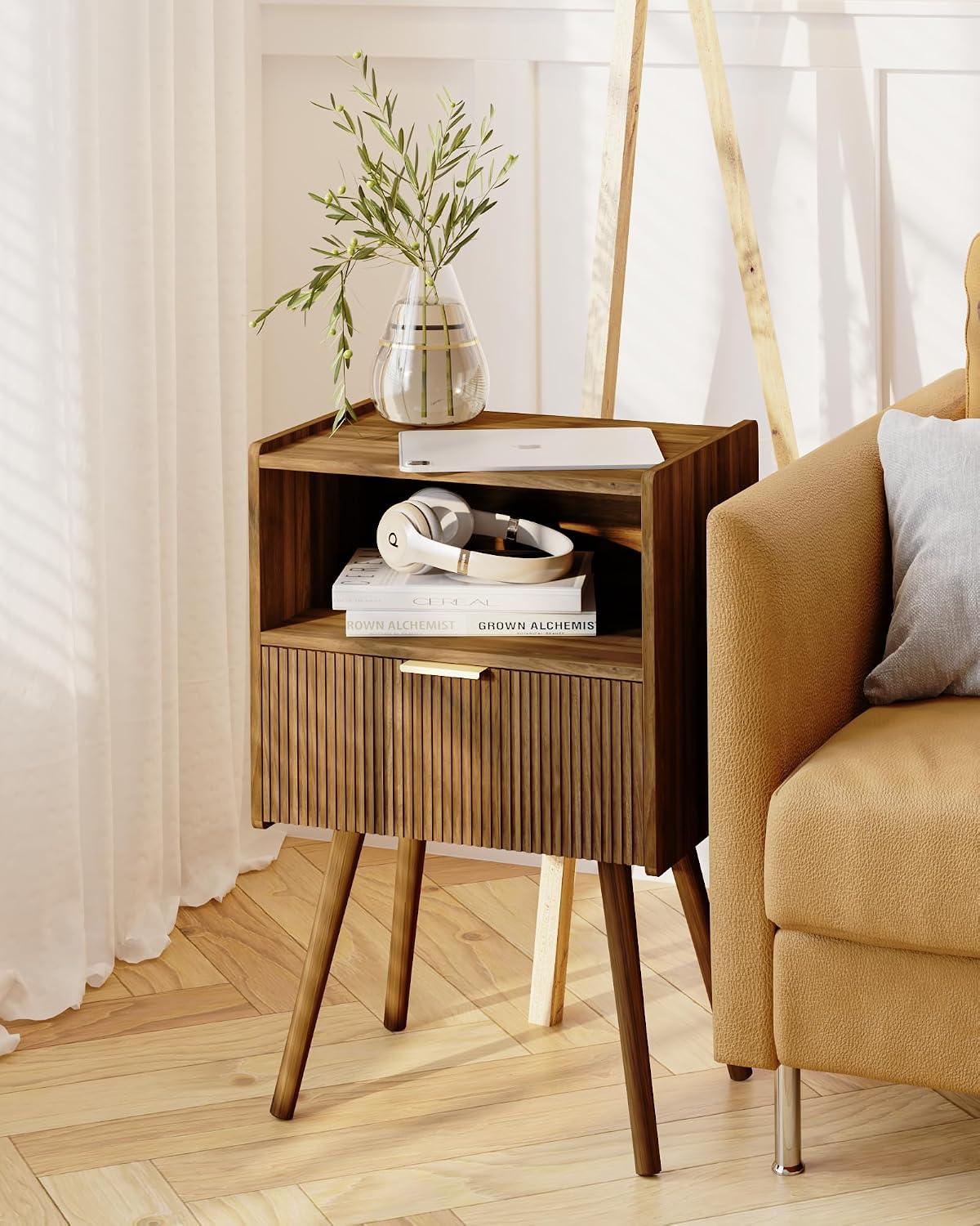 Thumbnail 4 de JOONEE Nightstand Walnut Brown with Drawer