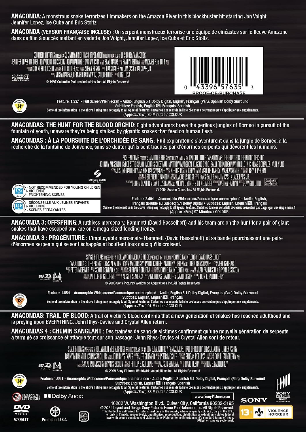 Detalle 2 de Anaconda 4-Film DVD Set, Bilingual, 4 Discs, English and French