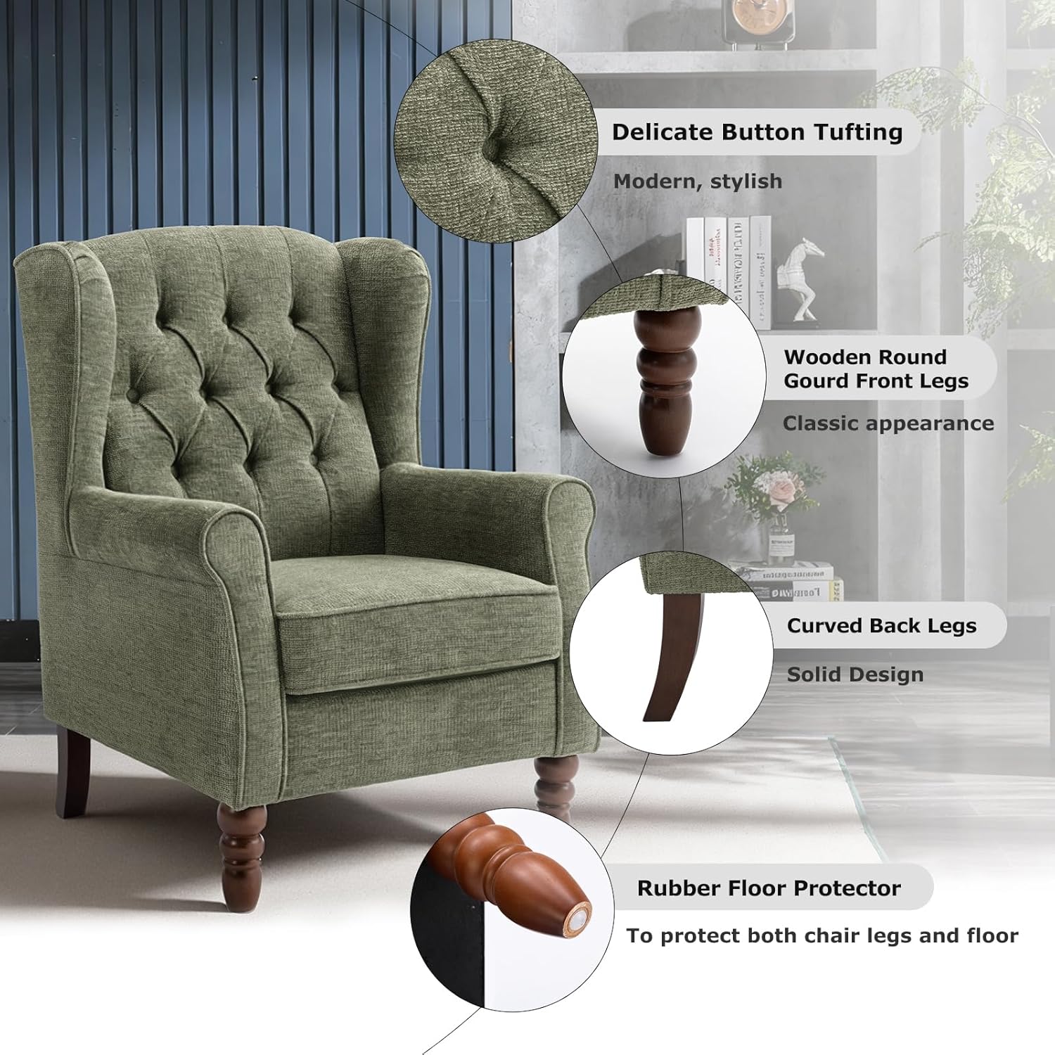 Thumbnail 4 de COLAMY Mid-Century Modern Living Room Accent Chair – Green Button-Tufted Wingback with Solid Wood Legs