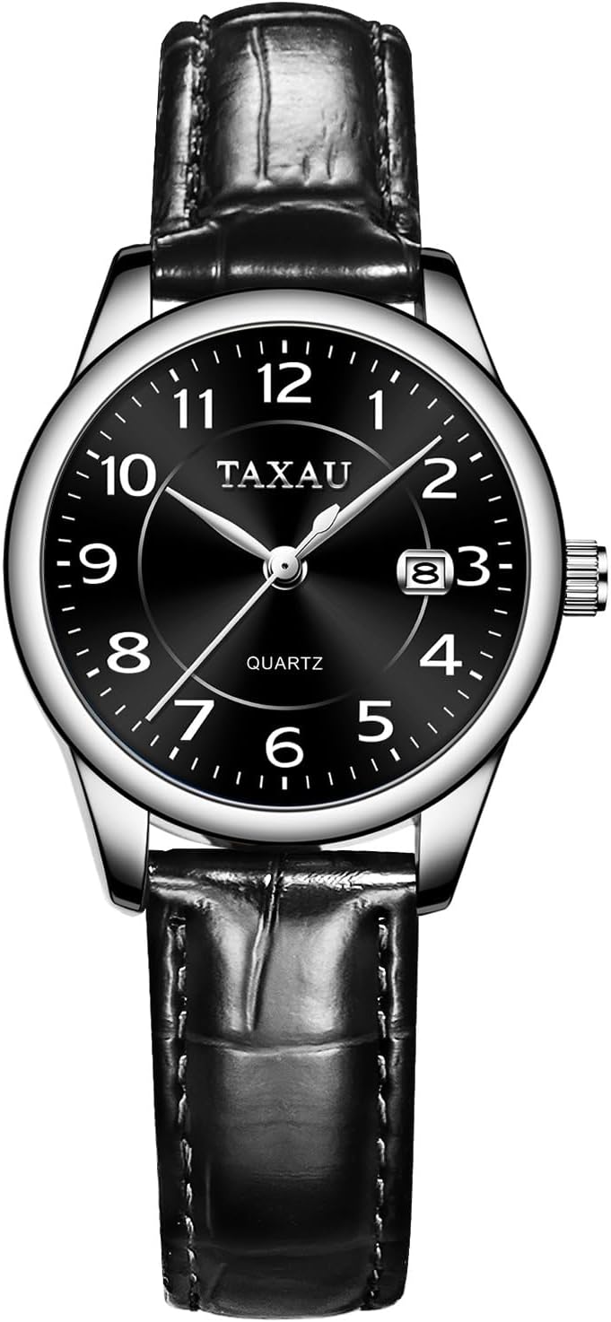 Detalle de Taxau Damenuhr analoge Quarzuhr mit Lederarmband – Business-Armbanduhr mit Datum, wasserdicht