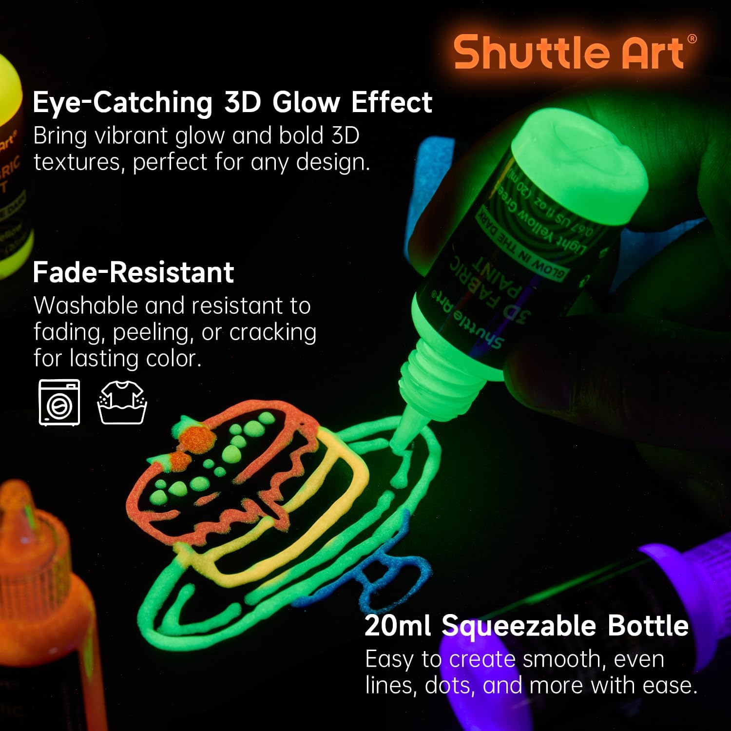 Detalle de Shuttle Art 3D Textilfarbe „Glow in the Dark“ – 26 fluoreszierende Stoffmalfarben (waschmaschinenfest) für T-Shirts & Co.