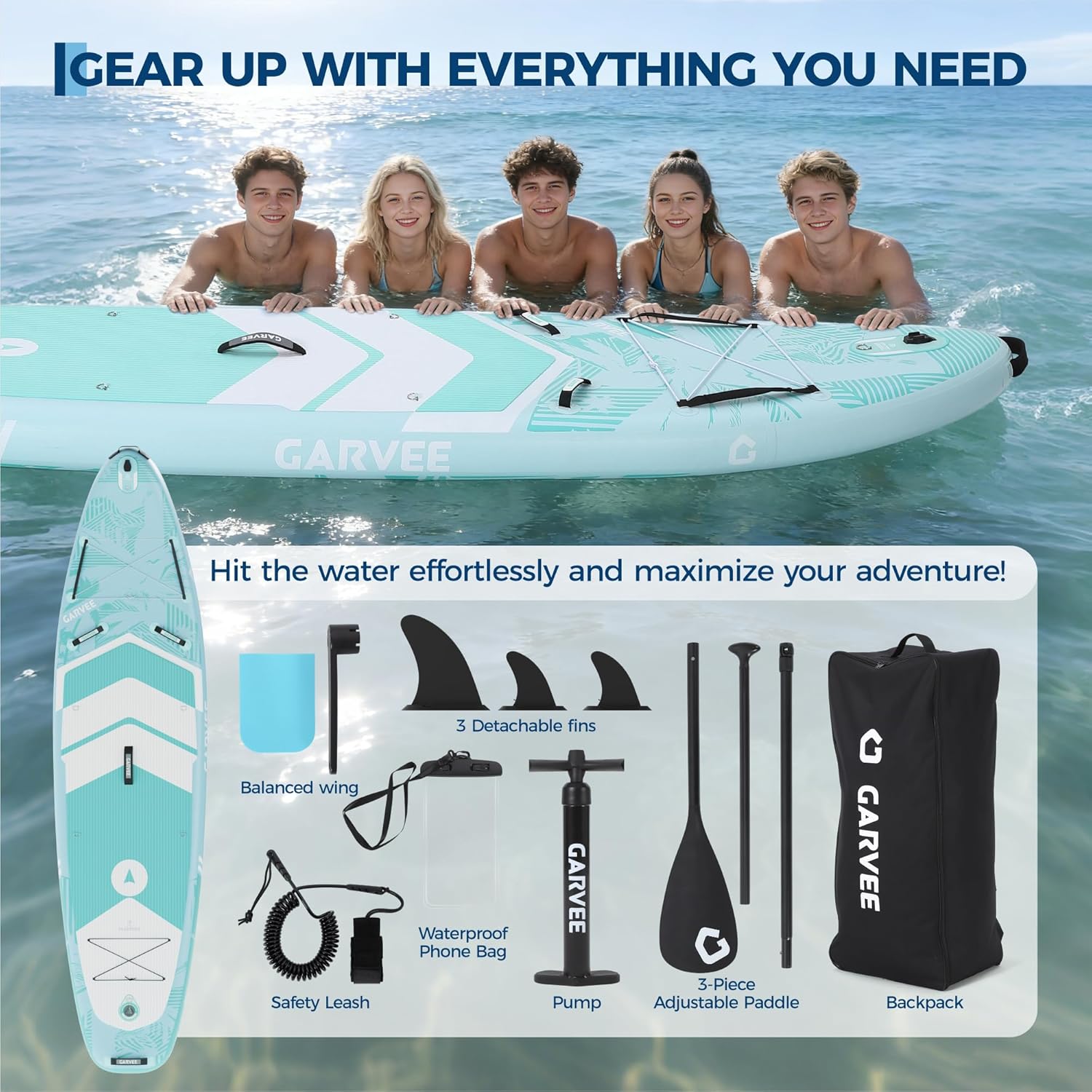 Thumbnail 3 de GarveeHome Premium SUP Board Set (aufblasbar) mit universalem Kamerahalter, verstellbarem 3-teiligen Paddel & Komplettzubehör