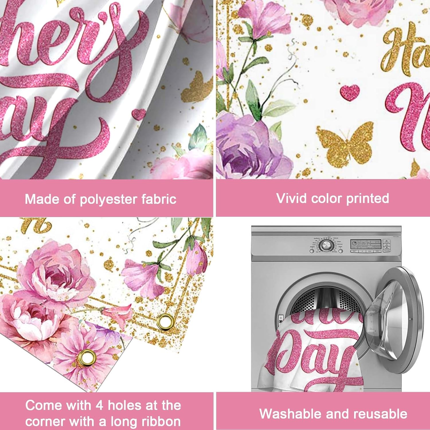 Thumbnail 5 de Avezano Happy Mother's Day Backdrop Banner – Pink Floral with Golden Accents (70.8 x 43.3 Inch)