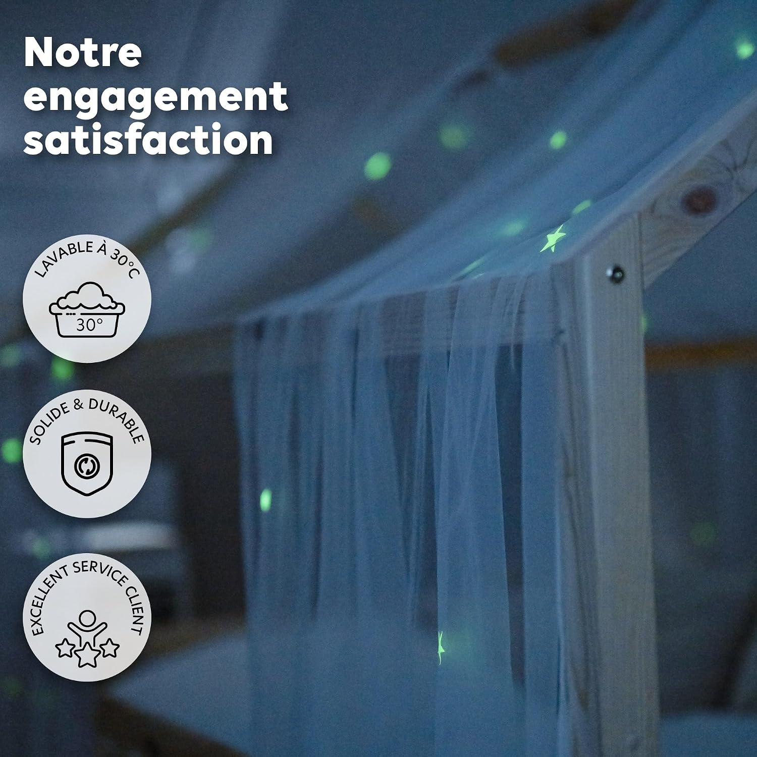 Detalle 2 de lilimaus BH-HB-67x320-GS-WEISS bedhemel met lichtgevende sterren, 2 stofbanen