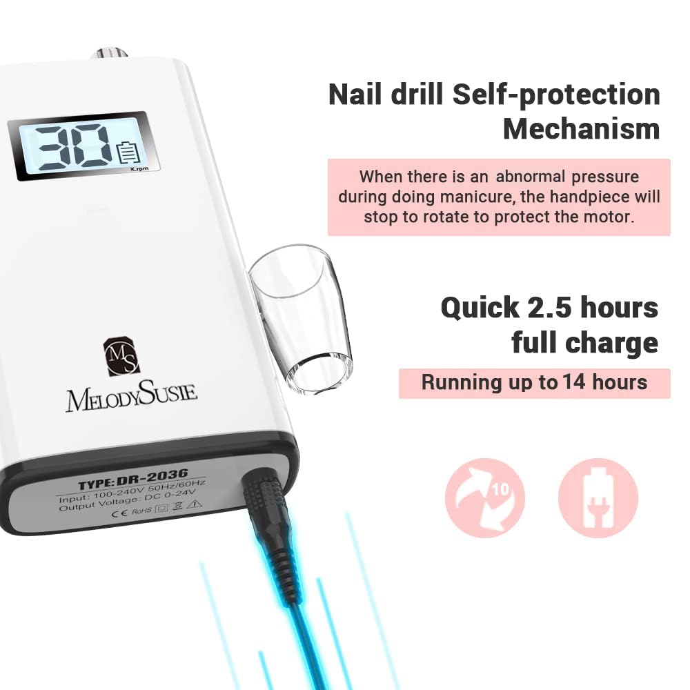Detalle de MelodySusie SC320H Entry-Level Clip-On Rechargeable Nail Drill (30,000 RPM) with LCD