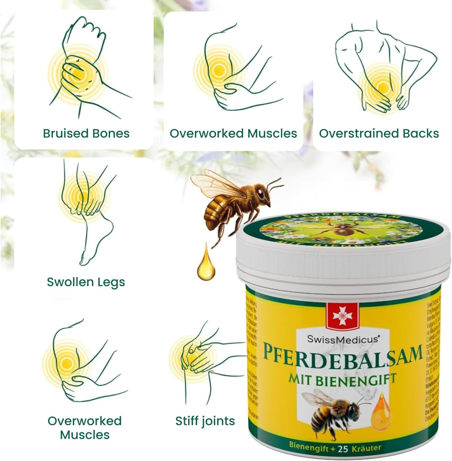 Thumbnail 1 de SwissMedicus Balsamo del cavalli con veleno d’api e 25 erbe – riscalda e raffredda, massaggio schiena e articolazioni (150 ml)