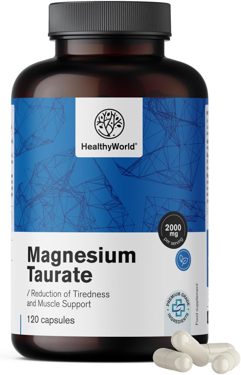 Detalle de HealthyWorld Magnesium Taurat 2000 mg – Pflanzliche Kapseln, 120 Stück