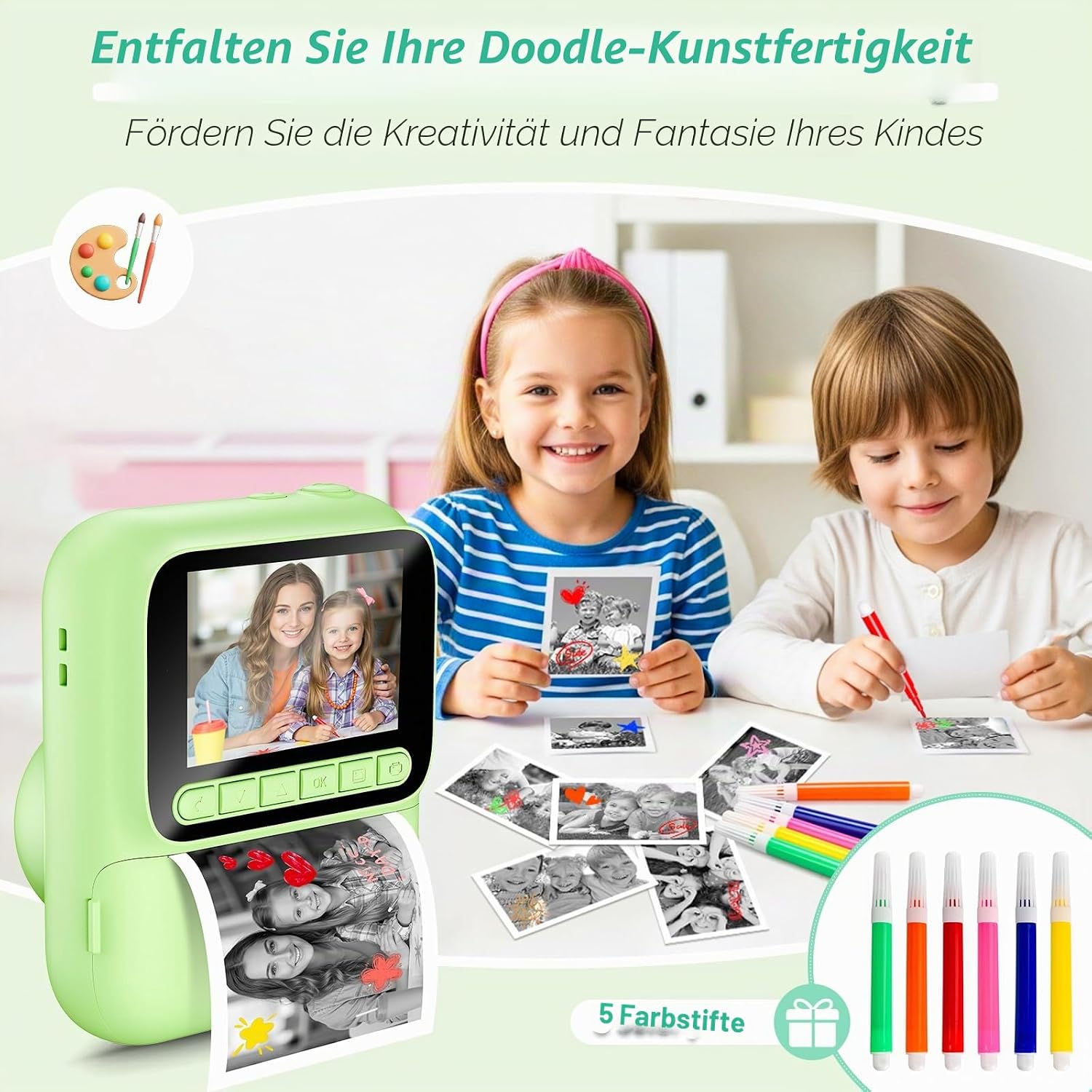 Detalle 2 de Naxup Sofortbildkamera für Kinder – 1080P, Druckpapierfarben, 32GB & kreative Extras (Grün)