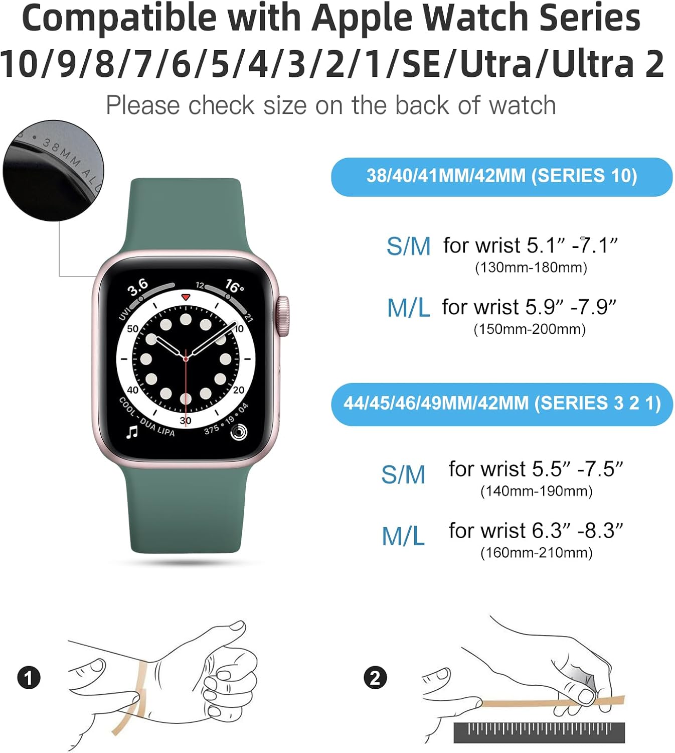 Detalle 1 de CeMiKa Silicone Sport Strap replacement for Apple Watch (38mm–49mm, Pinegreen)