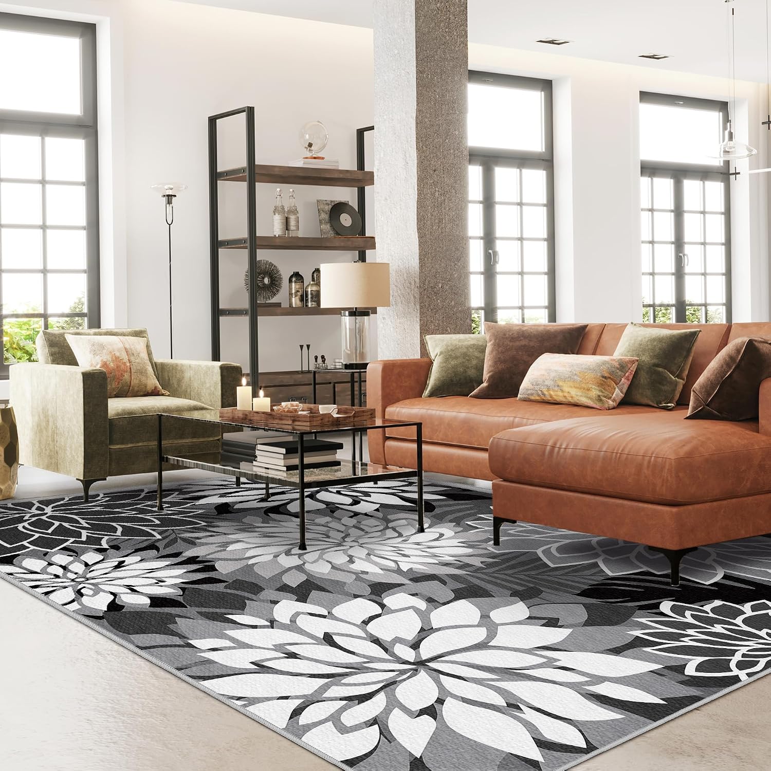 Thumbnail 1 de 9x12 Outdoor Area Rug Washable Multicolored Patio Rug: Floral Chenille, Waterproof & Non-Slip for Deck, Backyard, or Porch