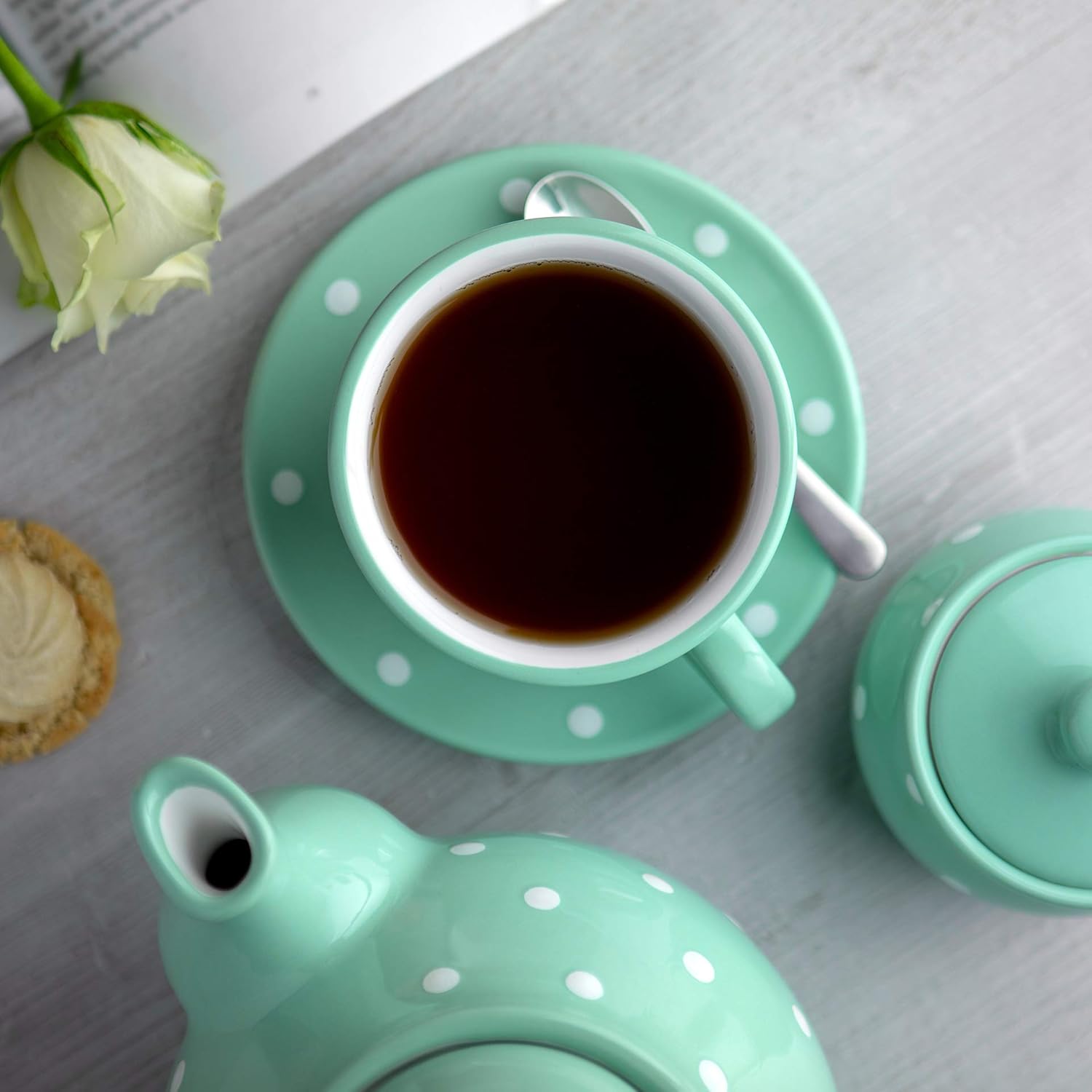 Detalle de City to Cottage Teal Blue and White Polka Dot Spotty – Large Hand Painted Ceramic Cup with Saucer (12oz/350ml)