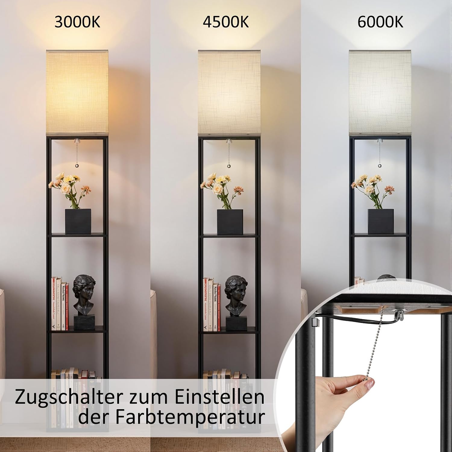 Detalle 2 de Stehlampe mit Regal und 3 Farbtemperaturen (3000K/4500K/6000K) für Wohnzimmer, Schlafzimmer & Büro in Schwarz