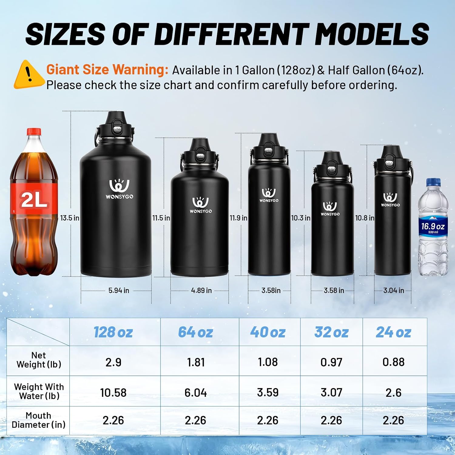 Thumbnail 6 de WONSYGO 64-BK01 Insulated Water Bottle, 64 oz Stainless Steel