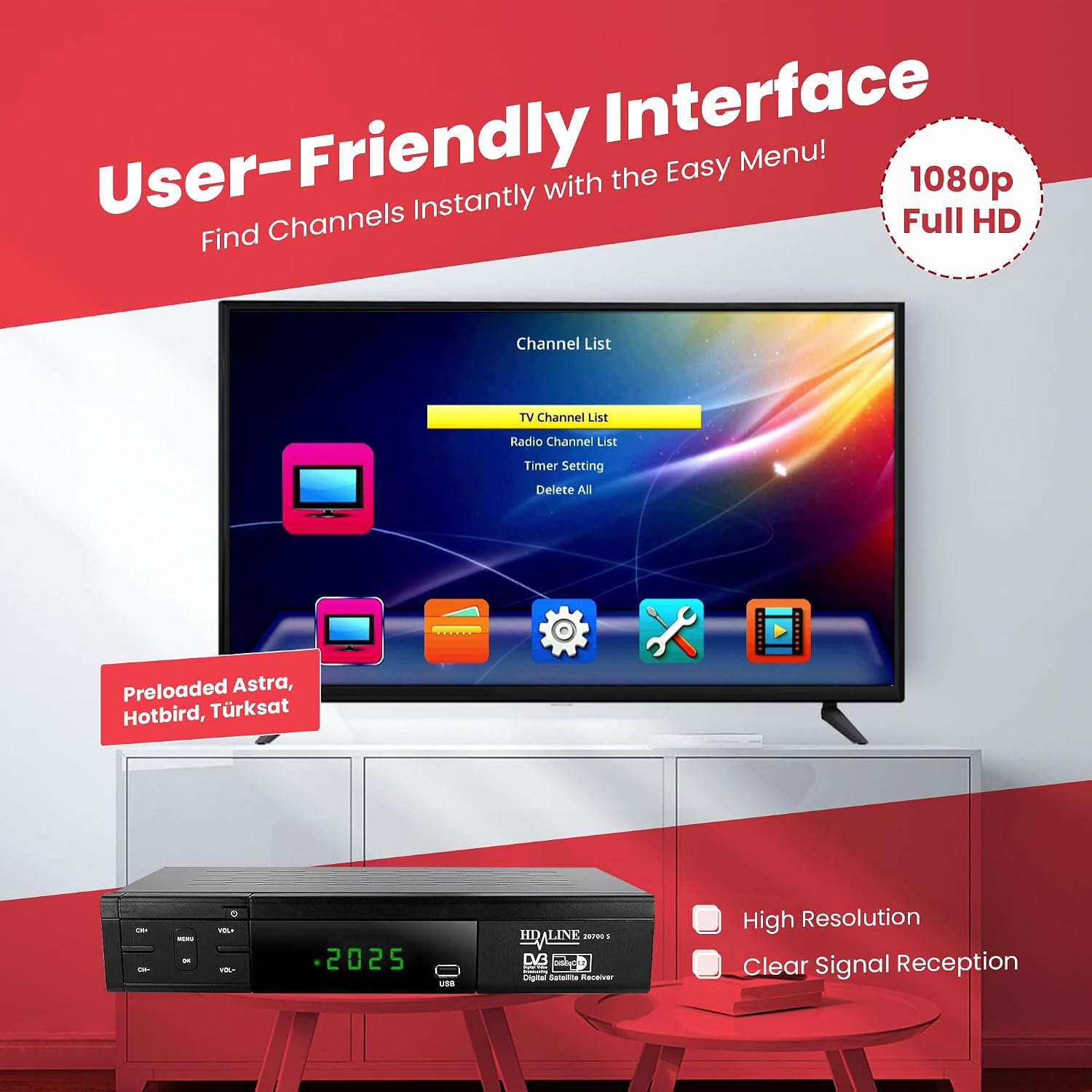 Thumbnail 5 de Hd-line 20700 HD Sat Receiver DVB-S2 – Full HD 1080p, HDMI, USB 2.0, vorprogrammiert für Astra, Hotbird und Türksat