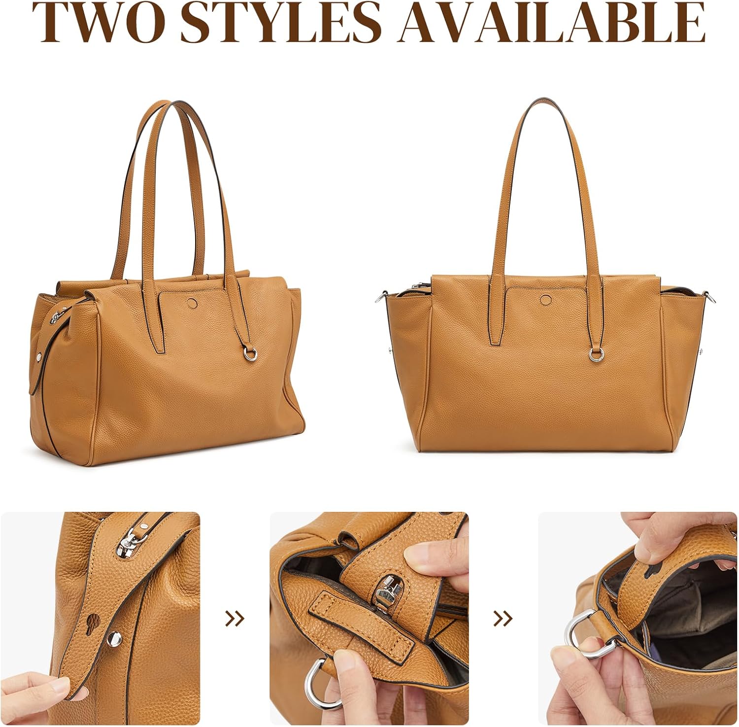 Detalle de S-ZONE Genuine Leather Tote: Large Crossbody & Work Bag in Soft Pebbled Leather