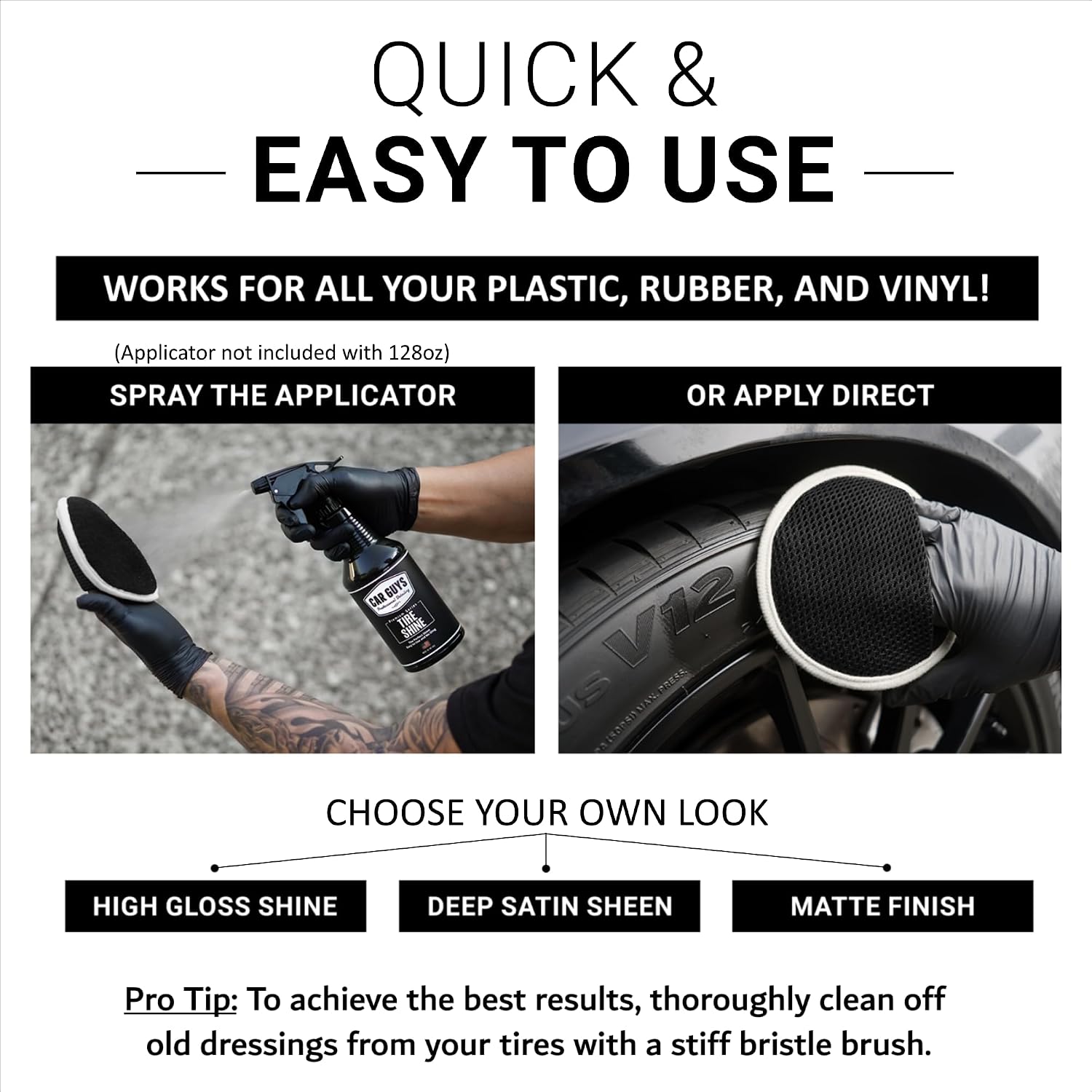 Detalle de CAR GUYS Tire Shine Spray 1 Gallon Refill — Deep Black, Long-Lasting, Dry-To-The-Touch Finish