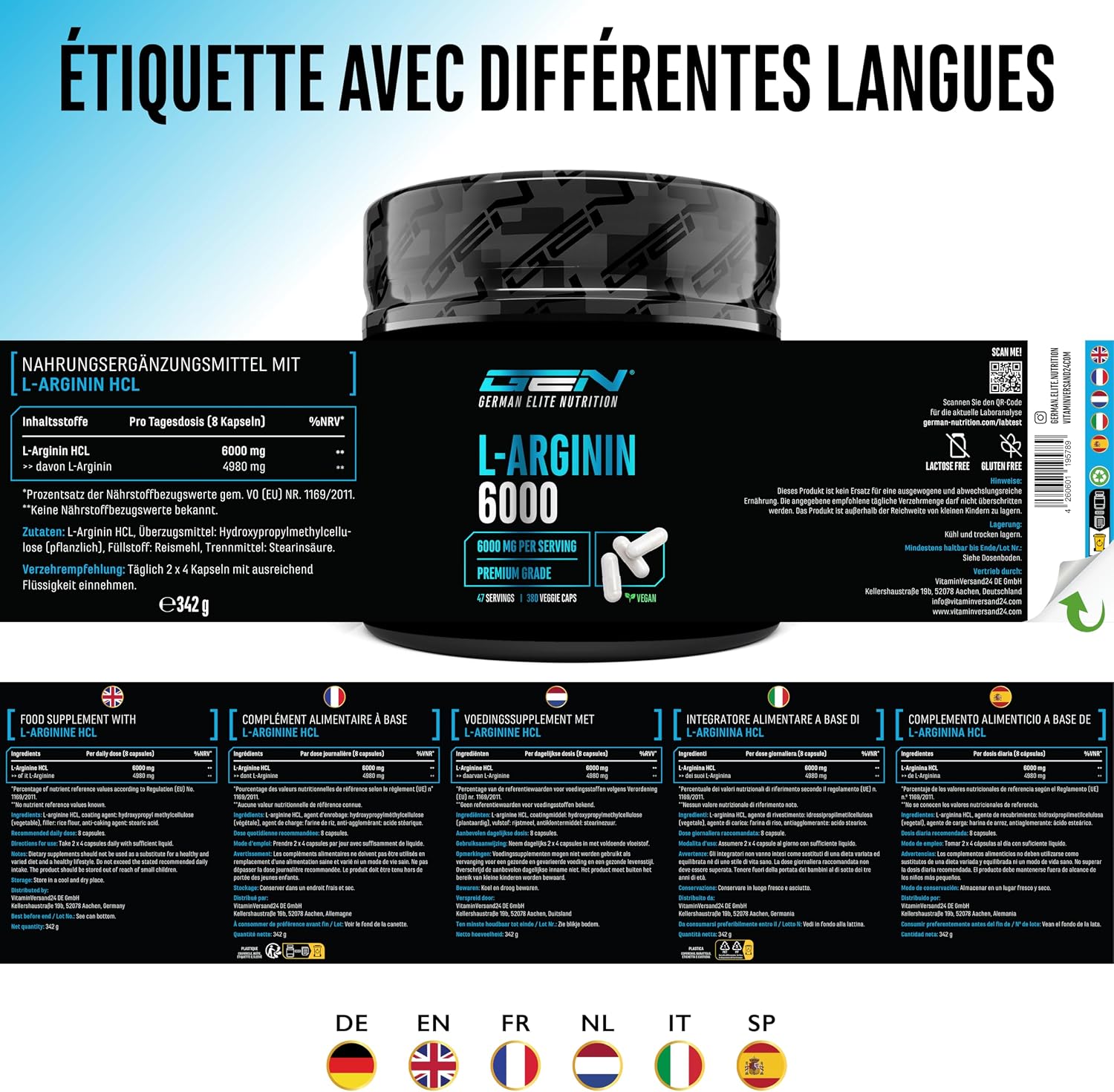 Detalle de German Elite Nutrition L-Arginin 380 gélules véganes – 6000 mg de L-arginine HCl par portion quotidienne