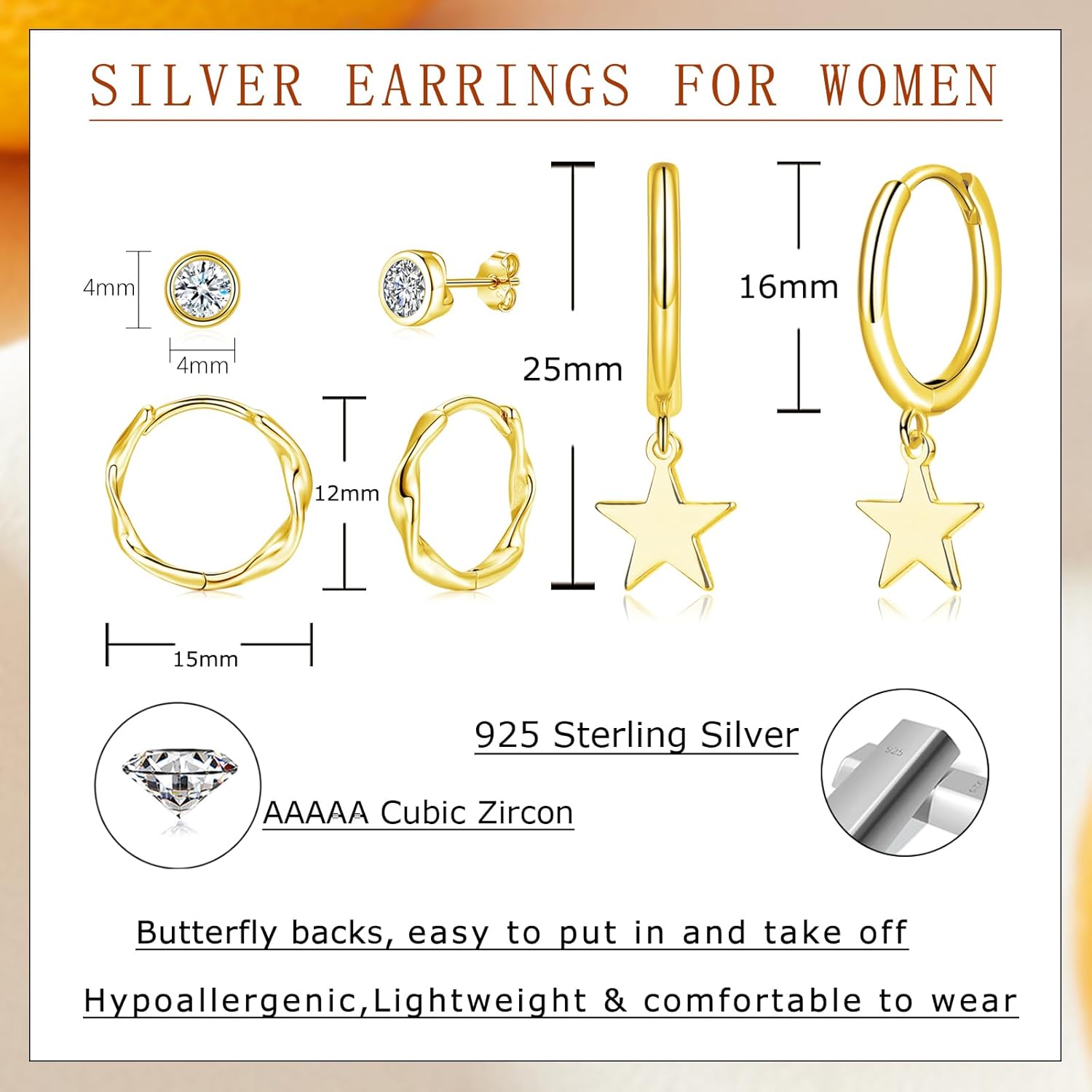 Detalle 2 de Kamise Ohrringe Silber 925 – Set mit 3 Paar Ohrringe (Stirn, Creolen, Stern) für Damen