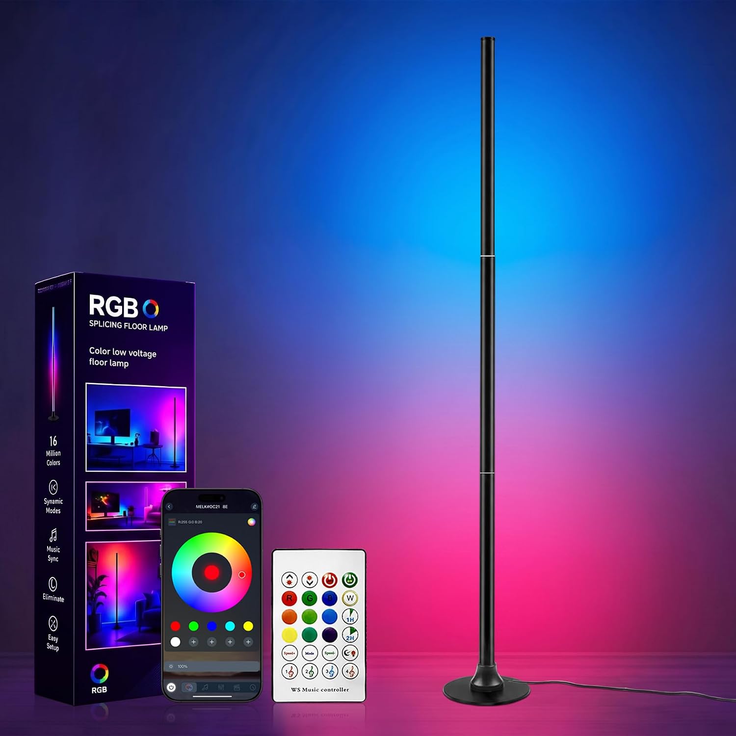 Detalle de Sylvwin Lampada da Terra RGB LED 120 cm – lampada angolare con app, telecomando e sincronizzazione musicale