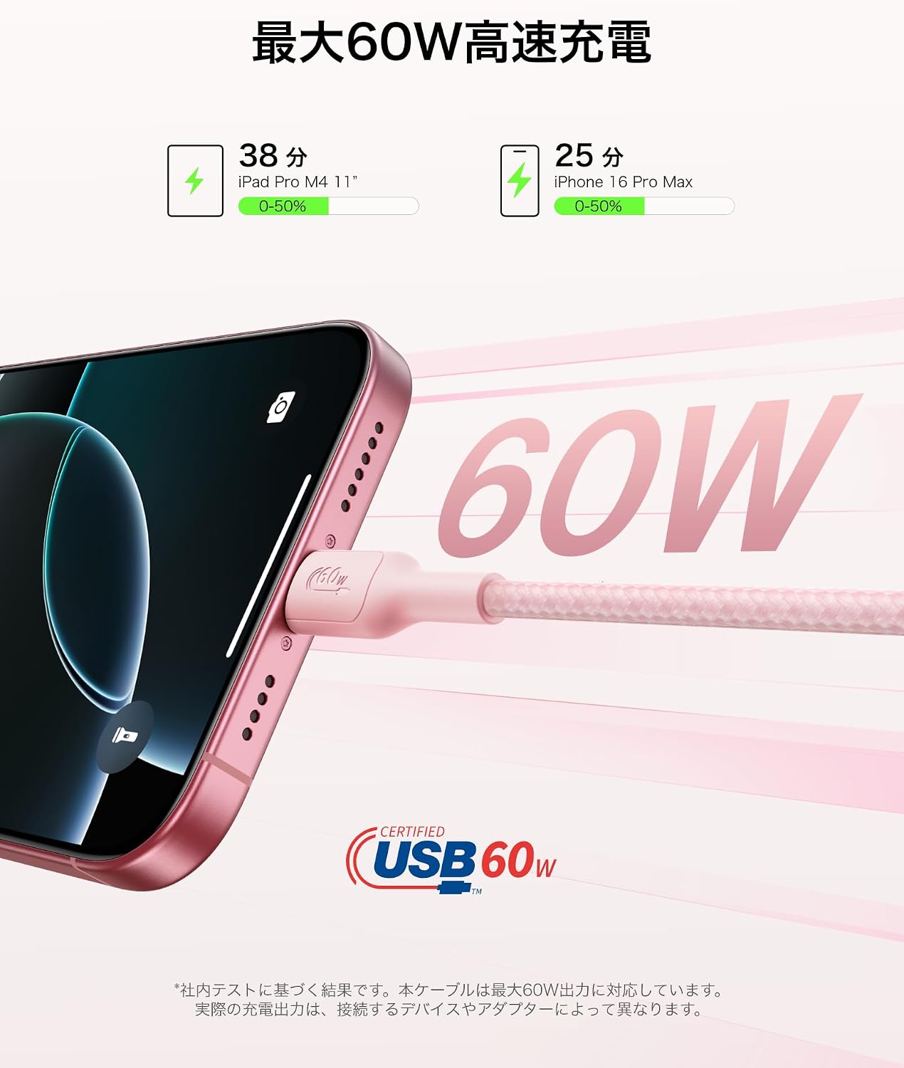 Detalle 2 de Belkin BoostCharge USB-C編組ケーブル 60W PD対応・2m・ピンク