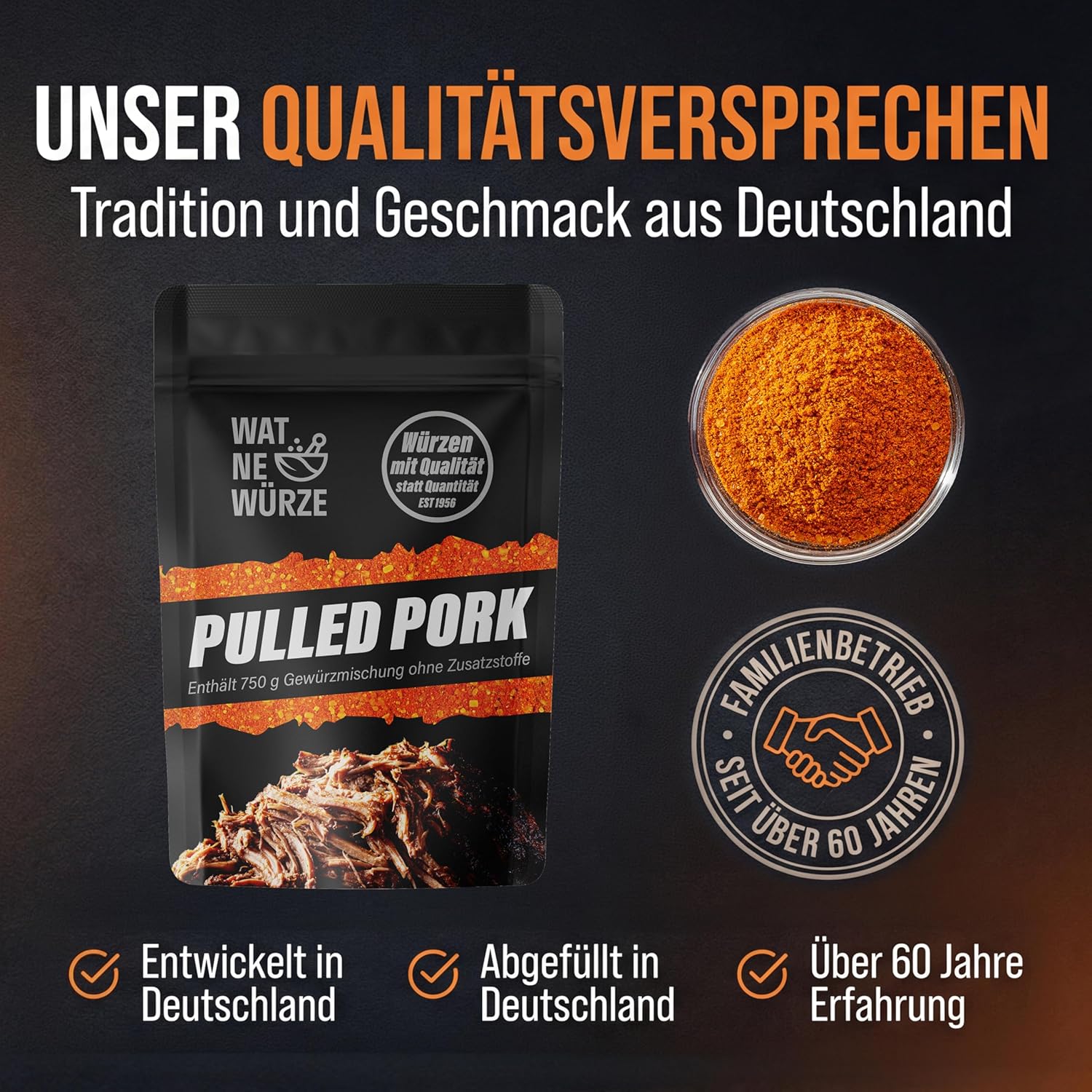 Detalle 2 de WAT NE WÜRZE Pulled Pork Rub Gewürzmischung 750 g – BBQ Gewürz für Pulled Pork aus Schweineschulter oder Schweinenacken