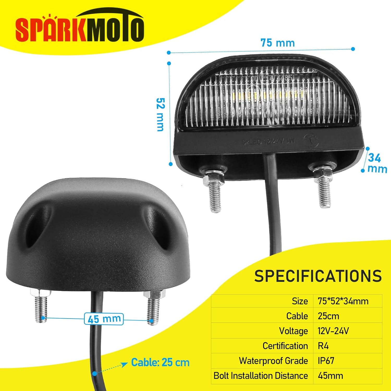 Detalle 2 de SPARKMOTO 1 x LED Number Plate Light – 12V/24V, IP67, ECE Approved for Trailers and Caravans