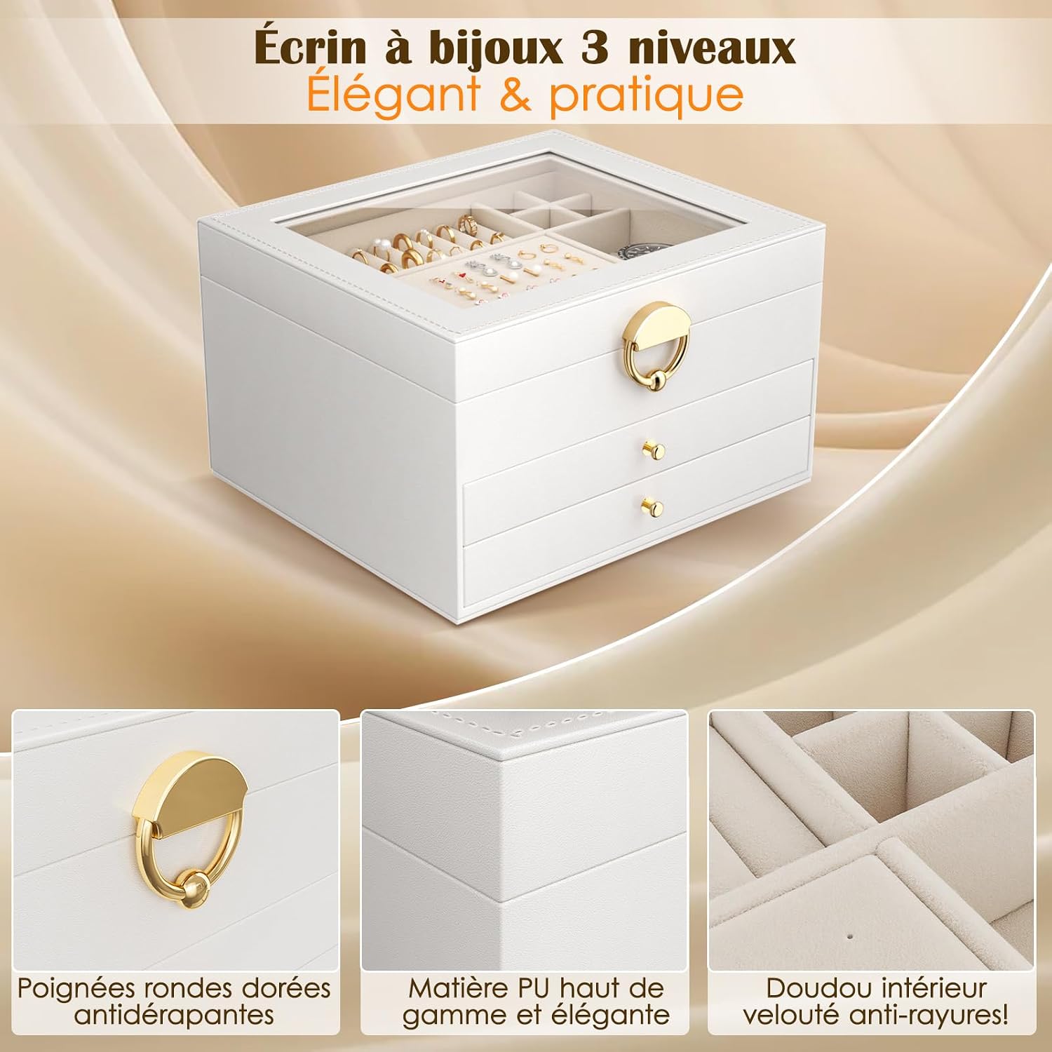 Detalle 2 de OrderlyGo Grande boîte à bijoux 3 niveaux avec couvercle transparent et velours