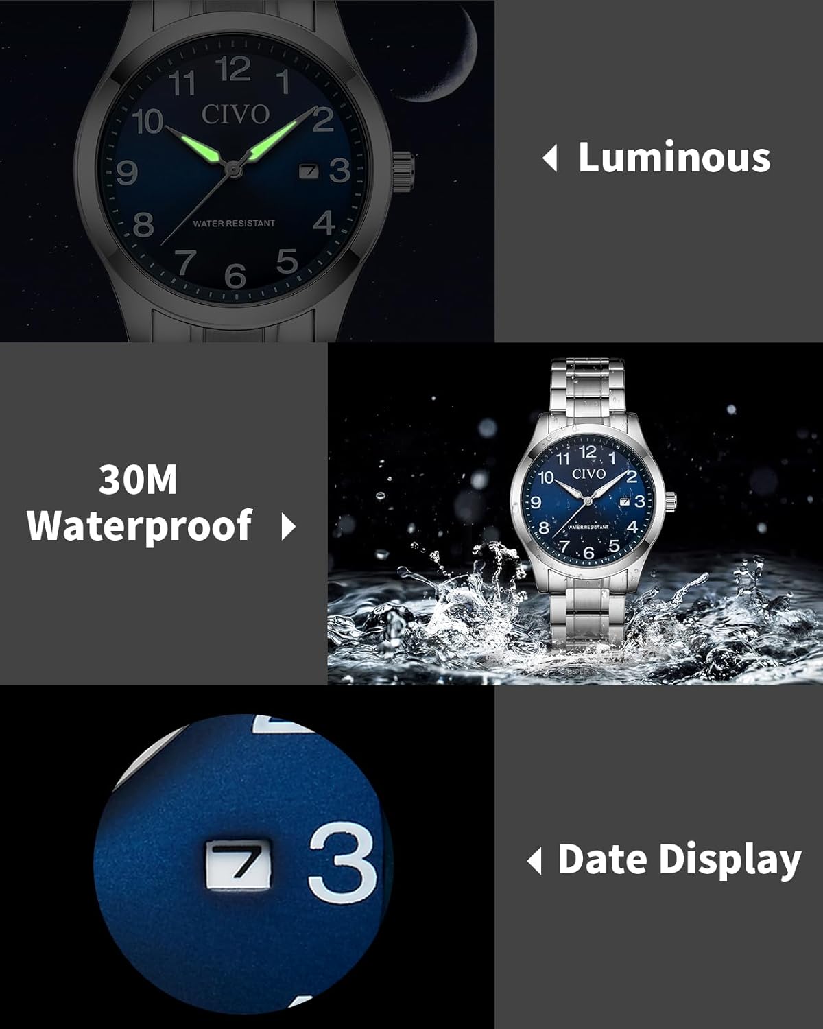 Thumbnail 4 de CIVO Herrenuhr Analog QI Quarz Datum, wasserdicht