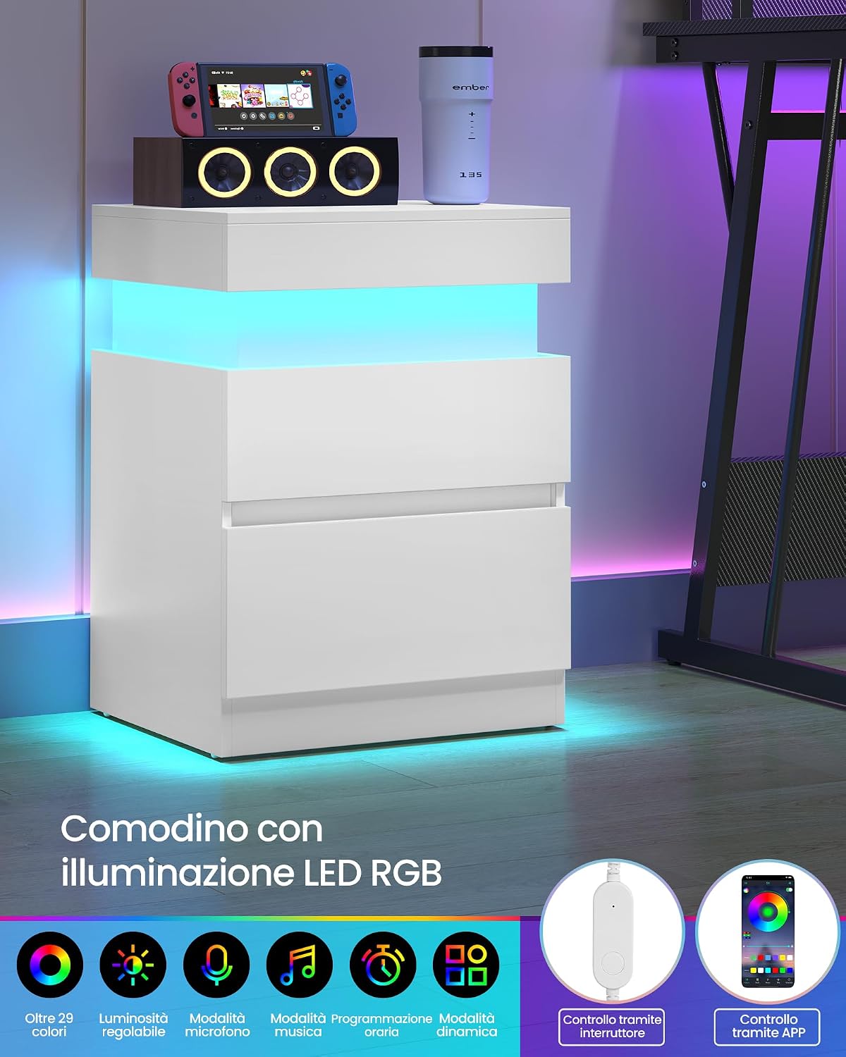 Thumbnail 4 de VASAGLE Collezione KAILYN – Comodino con multipresa integrata, piano scorrevole e striscia LED in Bianco Neve