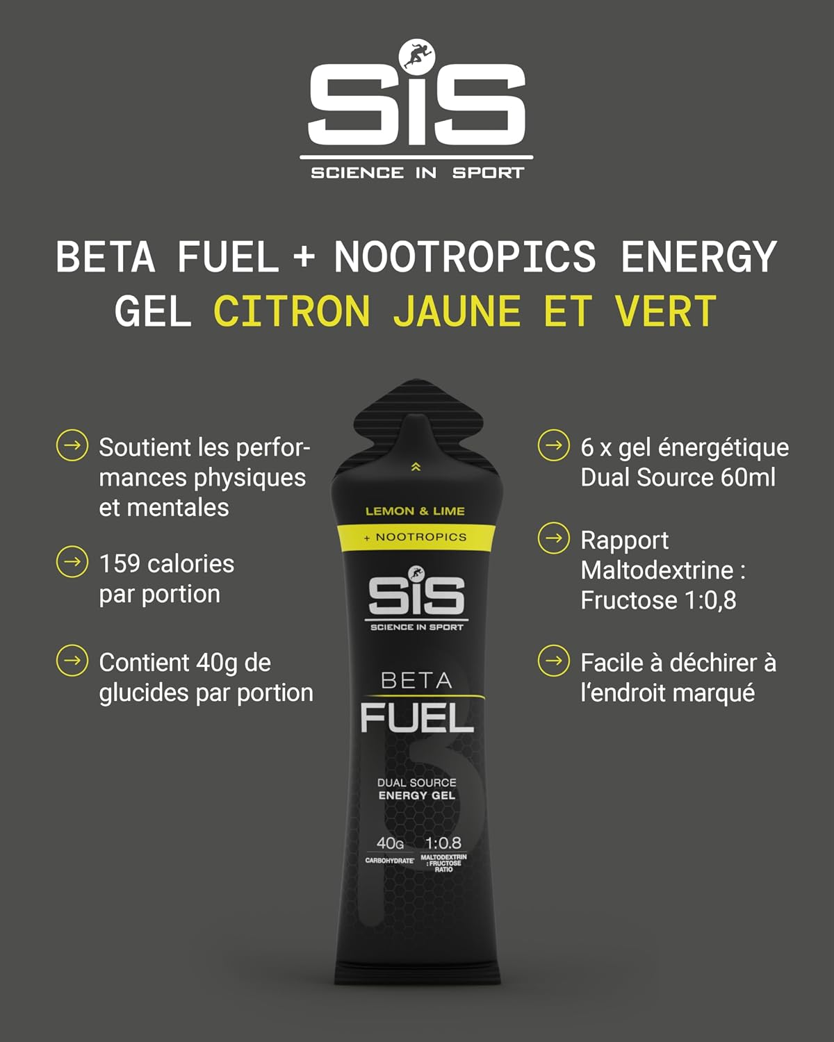Detalle de Science in Sport BETA Fuel Gel + Nootropique 30 x 60 ml Citron et citron vert – Gel énergétique 40 g de glucides