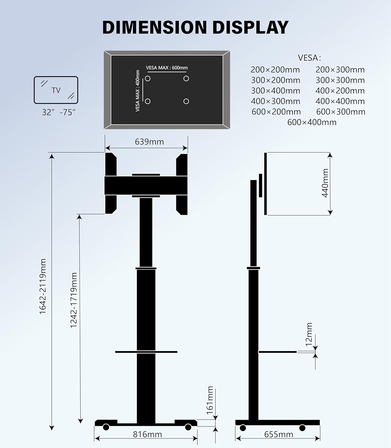 Thumbnail 3 de XTRARM Proton 500 supporto TV mobile con ripiano, prese di corrente e rotazione 90° (32–75"), fino a 40 kg