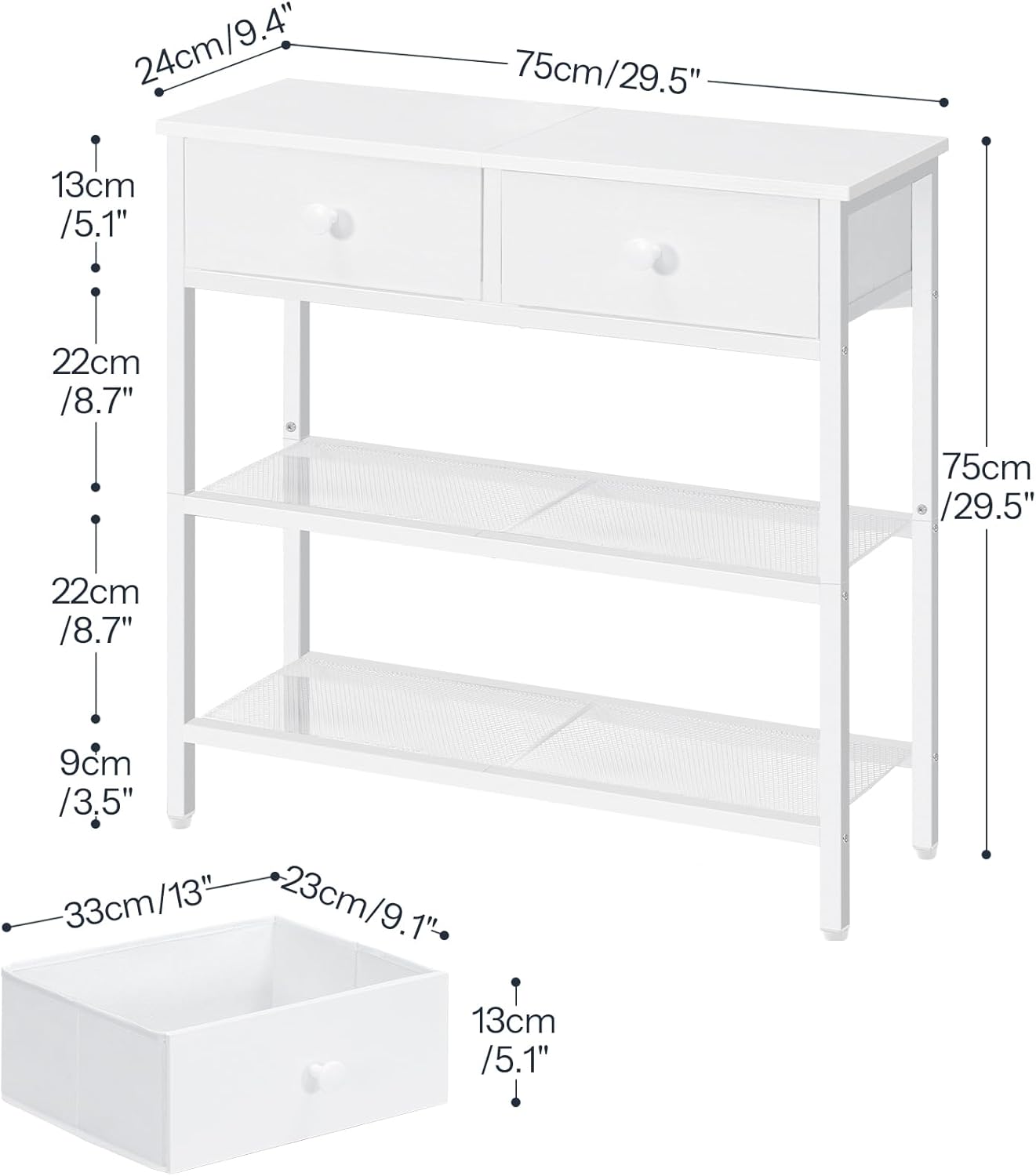 Detalle de HOOBRO Table Console Longue EWW72XG01G1 – Console industrielle blanche, 3 étagères ouvertes et 2 tiroirs en tissu non tissé