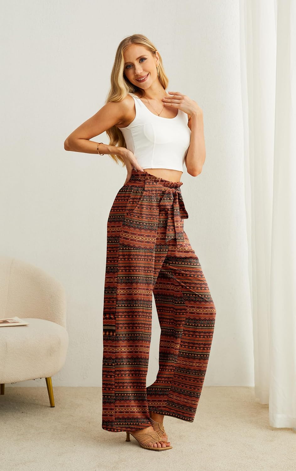 Detalle de IWOLLENCE Women High Waist Palazzo Pants with Adjustable Knot: Flowy Comfort for Beach, Work, and Beyond
