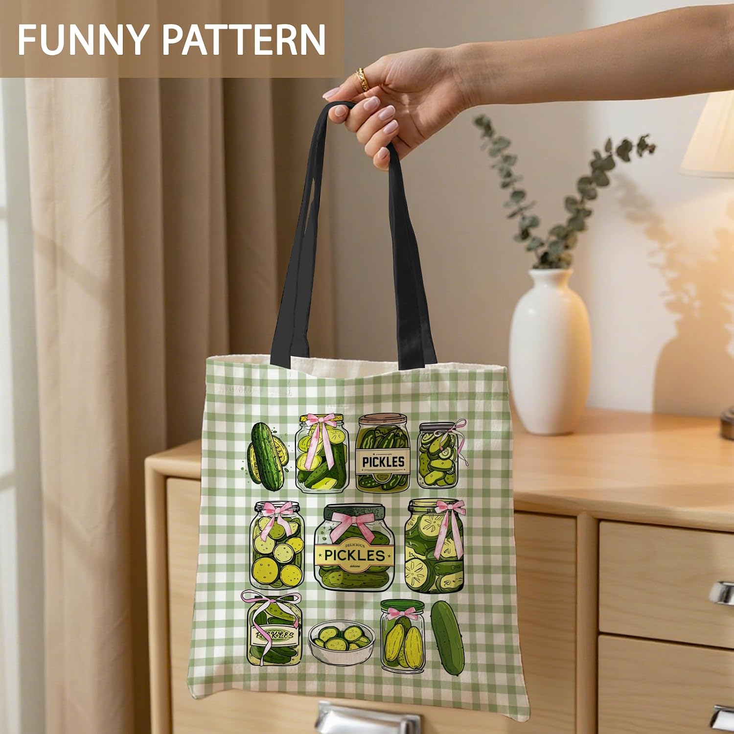 Detalle de Shaeotek Travel Canvas Tote Bag – Cucumber Jar Themed, Foldable & Spacious for Women
