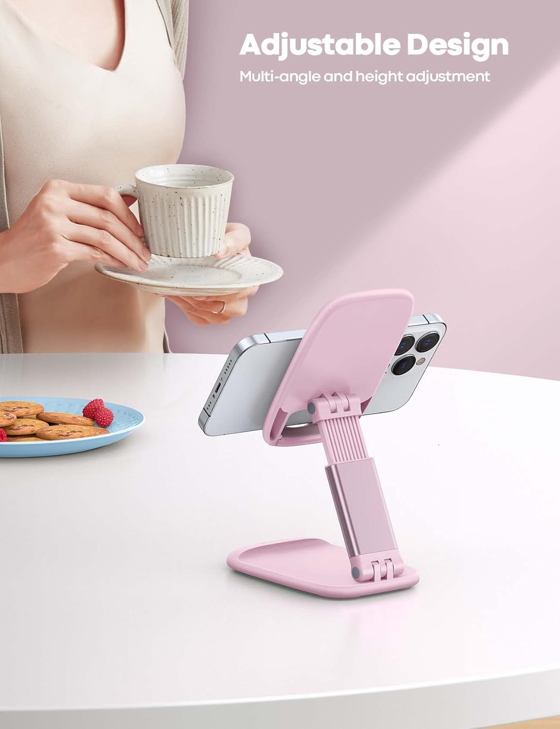 Detalle de Lamicall Adjustable Phone Stand for Desk – Foldable, Sturdy Metal Base (Pink) for 4–11" Phones