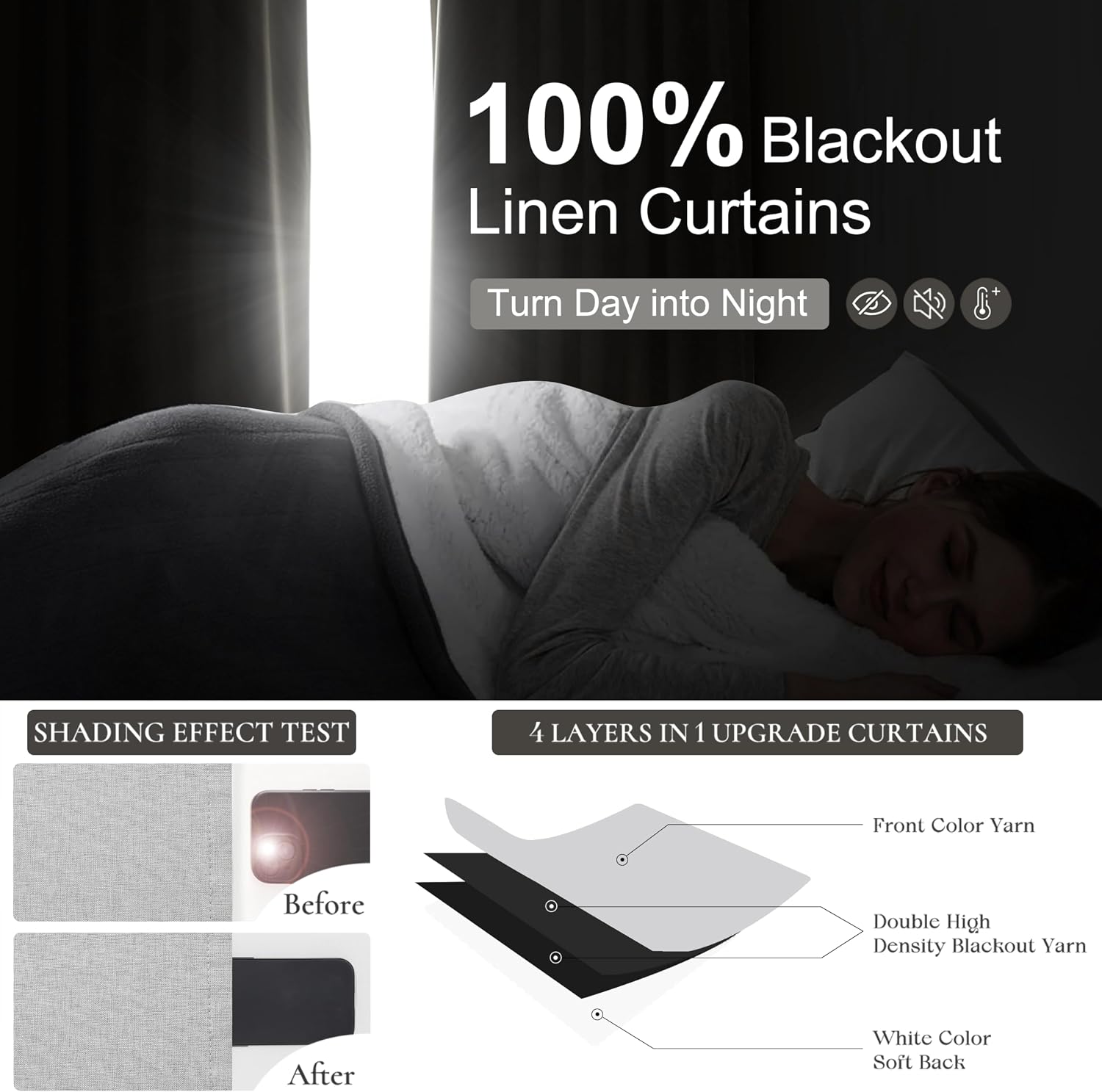 Detalle de QJmydeco Linen Blackout Curtains, 120-Inch, Light Grey, 2 Panels