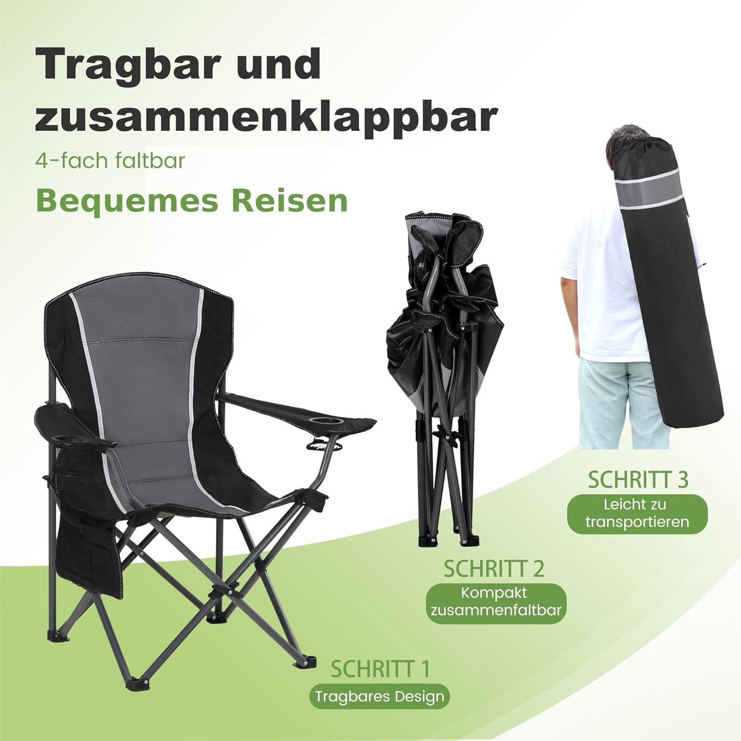 Thumbnail 5 de LET'S CAMP Campingstuhl Klappstuhl Faltbar Angelstuhl XL mit Getränkehaltern und Tragetasche – 160 kg Tragkraft