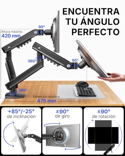 Thumbnail 7 de HUANUO FlowLift Pro: Soporte monitor doble 13–32" con Brazo MechaSpring y montaje VESA sin herramientas