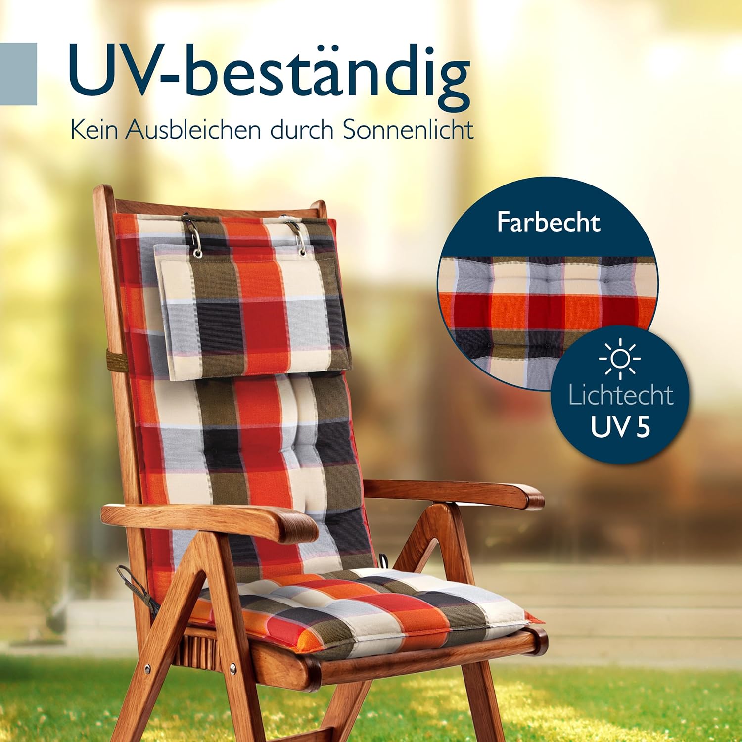 Thumbnail 6 de Beautissu 5er Set Premium Hochlehner Auflagen mit Kopfpolstern, 120x50 cm, Orange Beige kariert