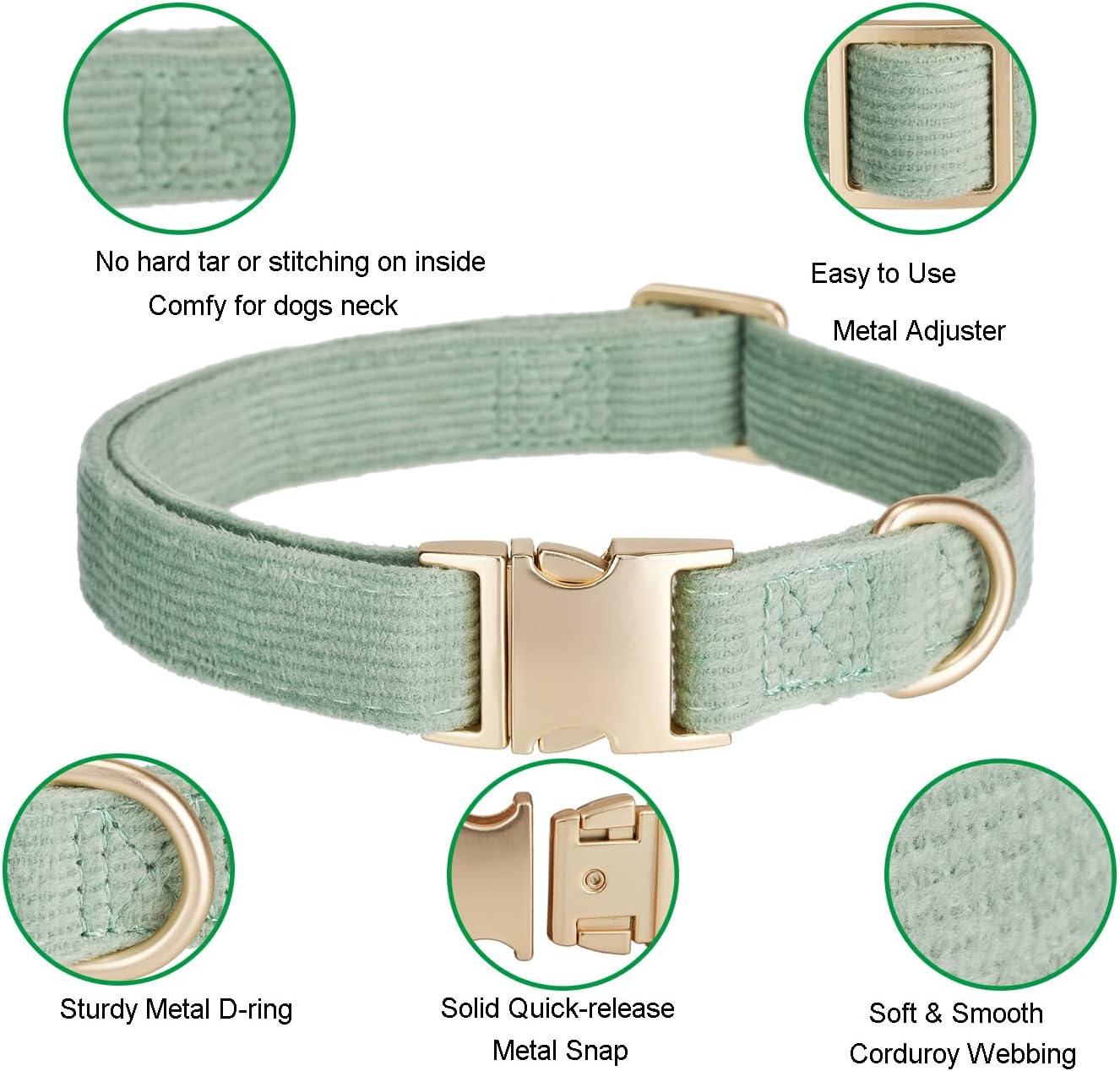 Detalle de YUDOTE Ultra-soft Dog Collar Natural Cotton Corduroy (Medium, Sage Green) for Sensitive Skin
