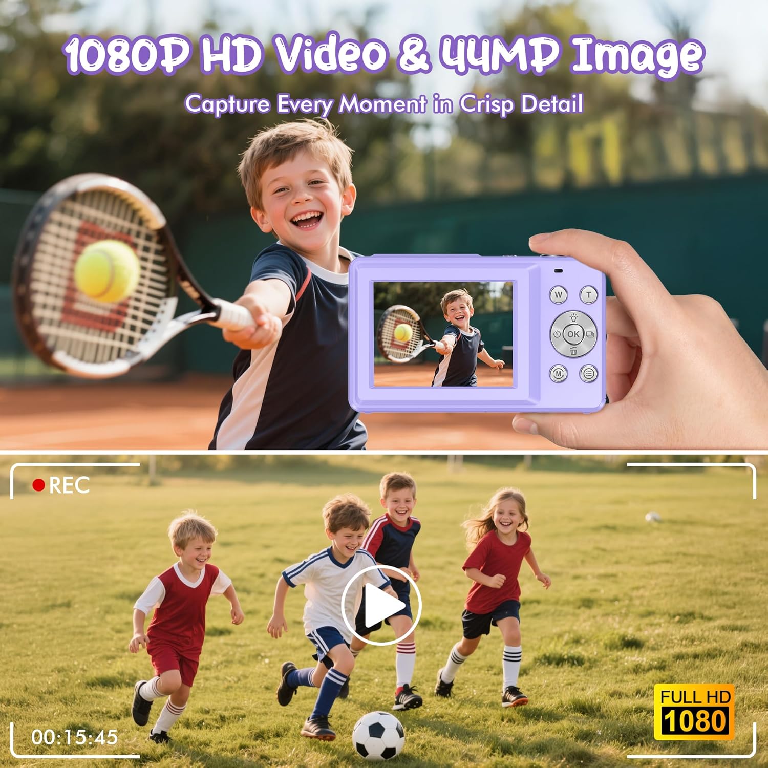 Thumbnail 1 de Fotocamera digitale 1080P 44MP compatta con schermo 2,4" e zoom 16X per vlogging e studio (viola)