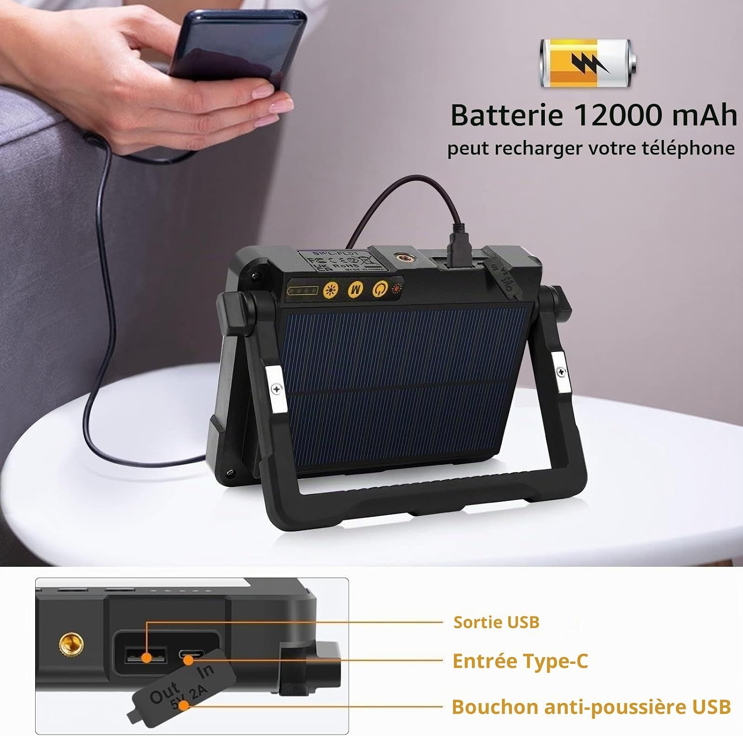 Detalle de MEIKEE FLC060 led-werklamp, 10.000 mAh, 4 lichtmodi en USB- en zonne-oplading