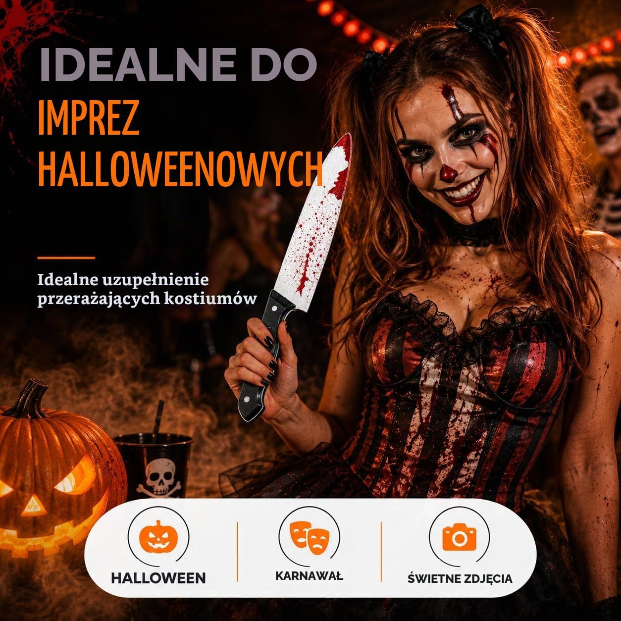 Thumbnail 1 de Costumed 6695K Iluzja – plastikowy nóż na Halloween, 34 cm, krwawe zdobienia