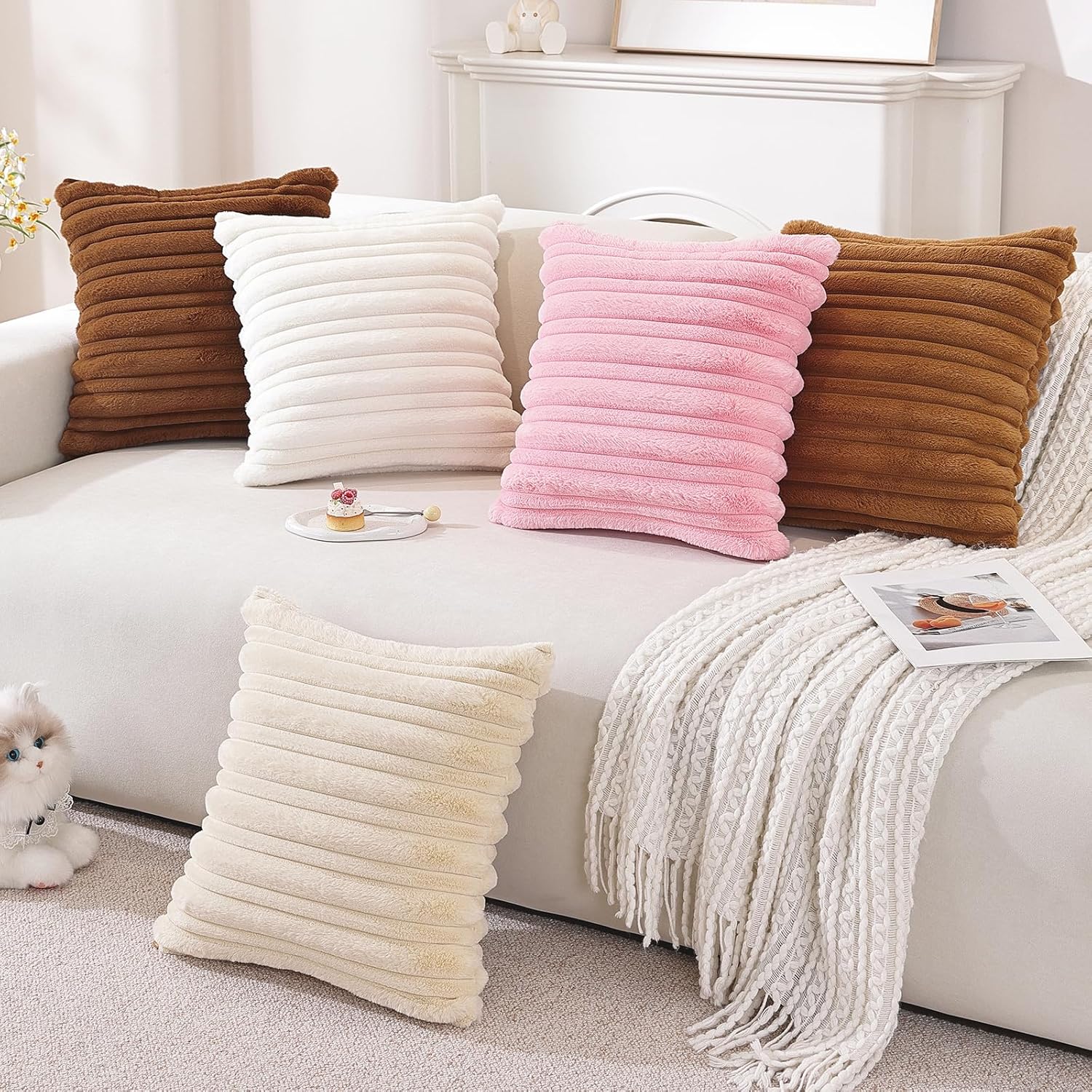Detalle de YSTELLAA Lot de 2 Housses de Coussin Velours 40x40 cm – Double face, rayures, blanc