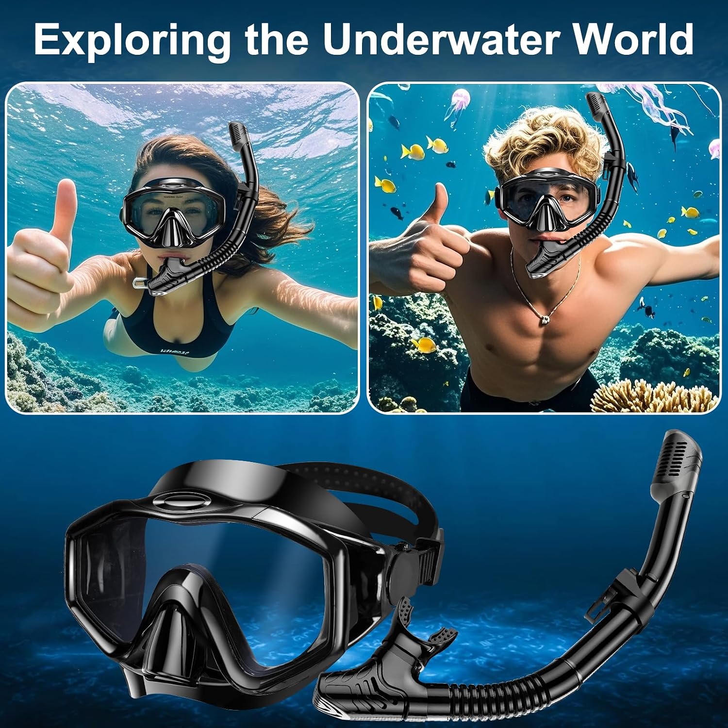 Detalle de Snorkel Set Adults: Anti-Fog Panoramic Goggles with Dry-Top Snorkel
