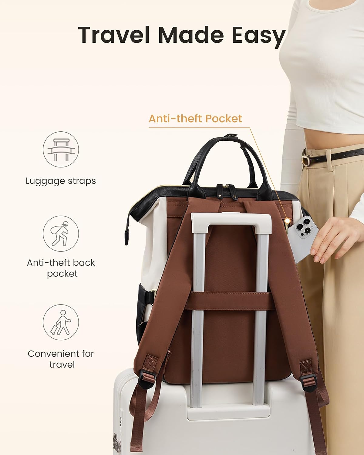 Thumbnail 6 de LOVEVOOK Laptop Backpack for Women with Giant Tumbler Holder (Beige/Black/Brown)