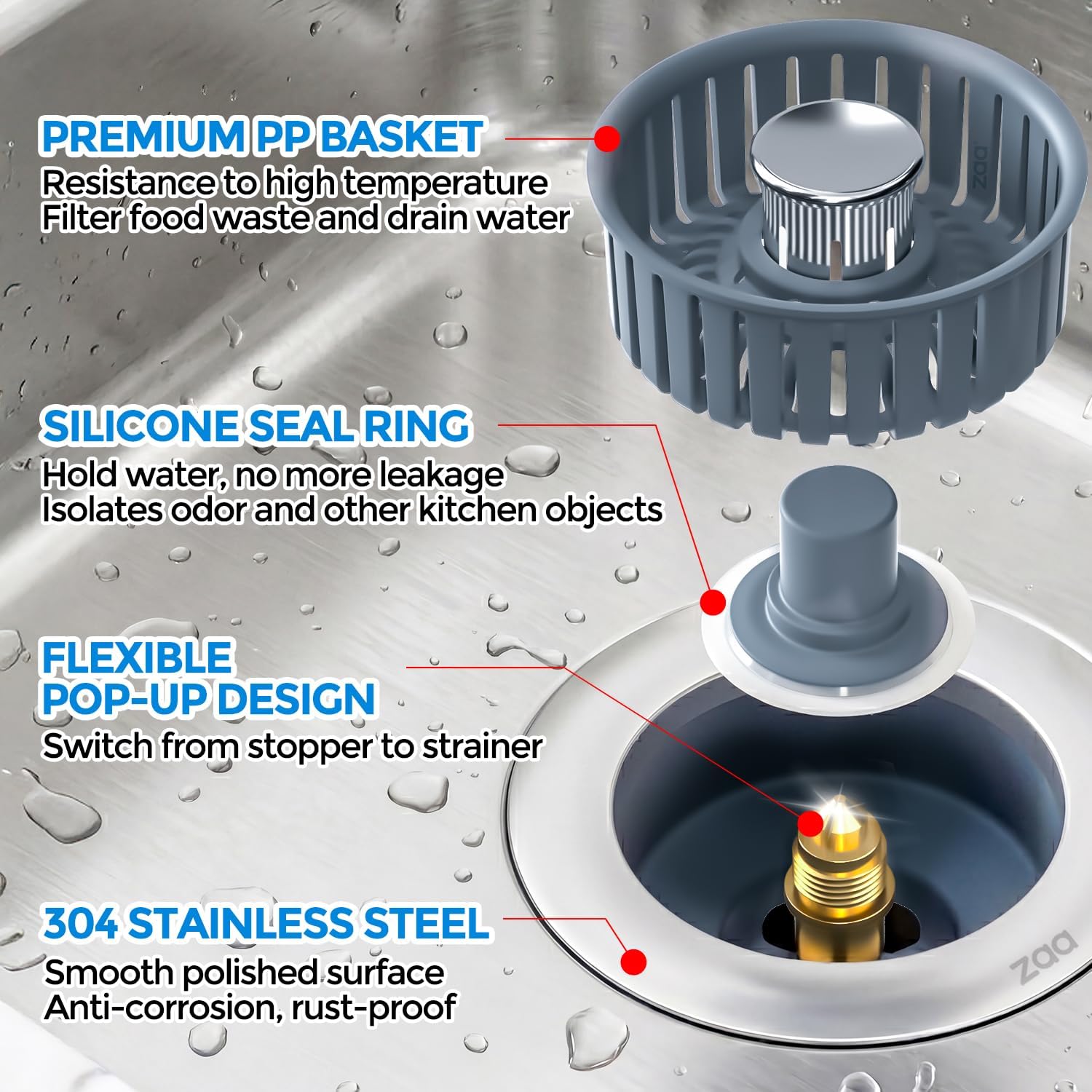 Thumbnail 5 de zaa 3-in-1 Sink Drain Strainer and Stopper for 3-1/2 in Sink Holes (Silver)