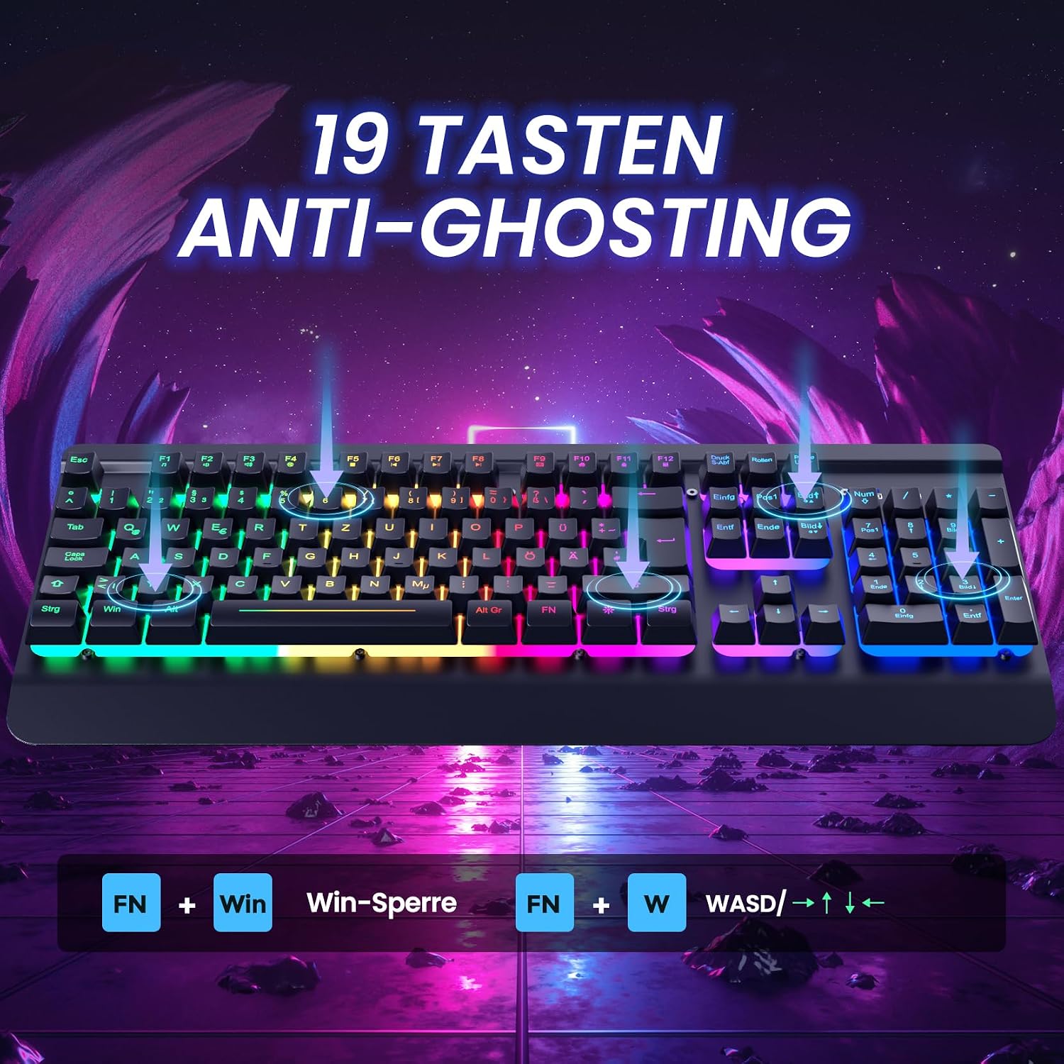Detalle de RisoPhy Gaming Tastatur, QWERTZ, Vollmetallgehäuse – beleuchtet, leise, mit Handballenauflage
