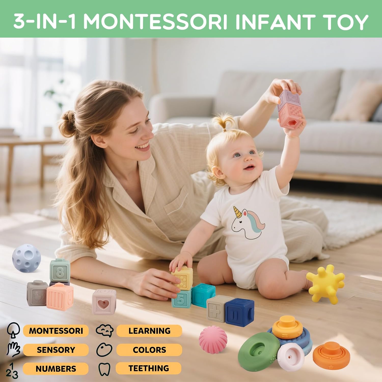 Detalle de Plunack 24 Pack Montessori Toys: soft building blocks, teething squeeze toys & sensory balls