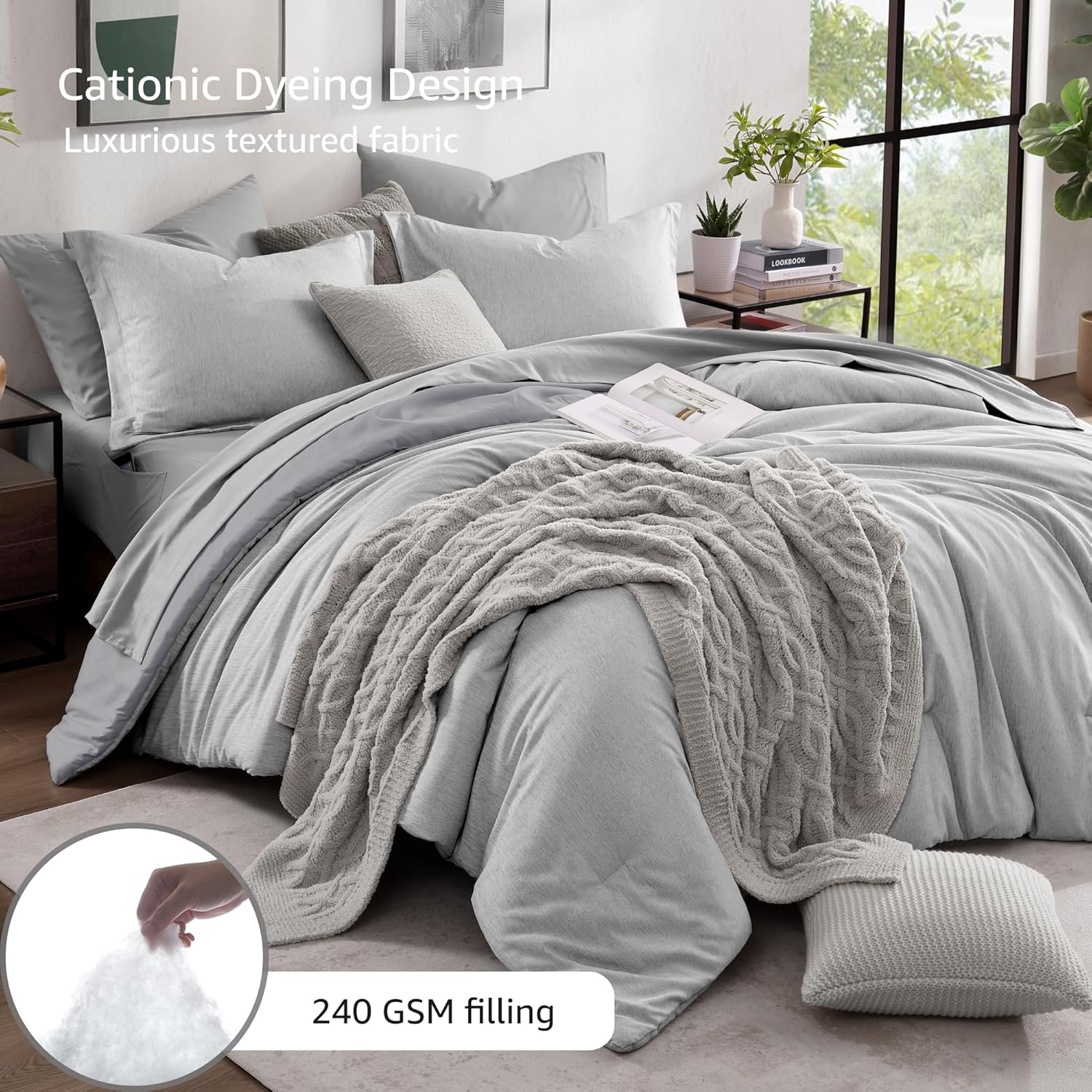 Thumbnail 2 de Monbix Queen Comforter Set - 7 Pieces with Cationic-Dyed Light Grey Bedding